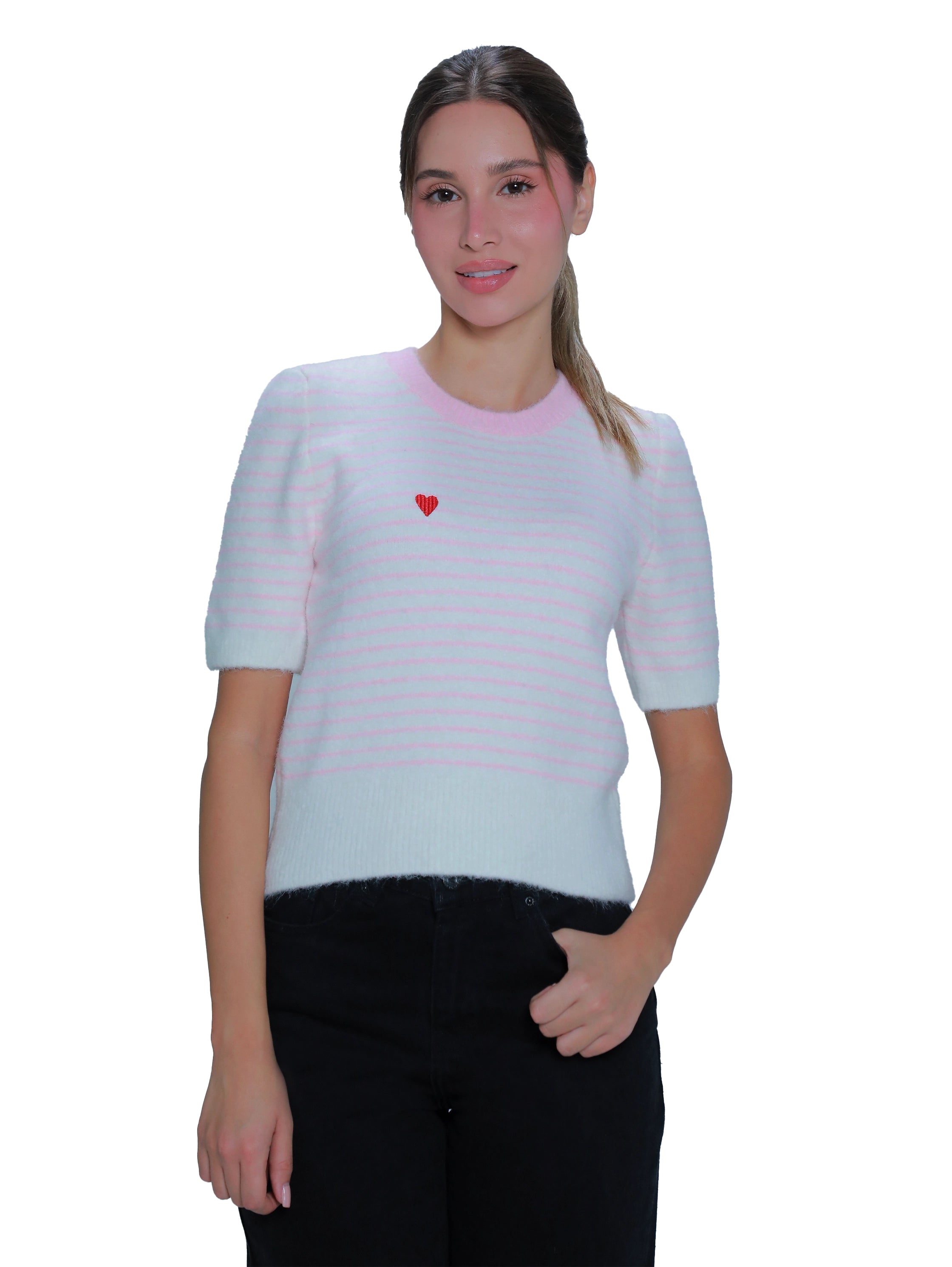Short Sleeve Pink Stripe Sweater With Heart Design