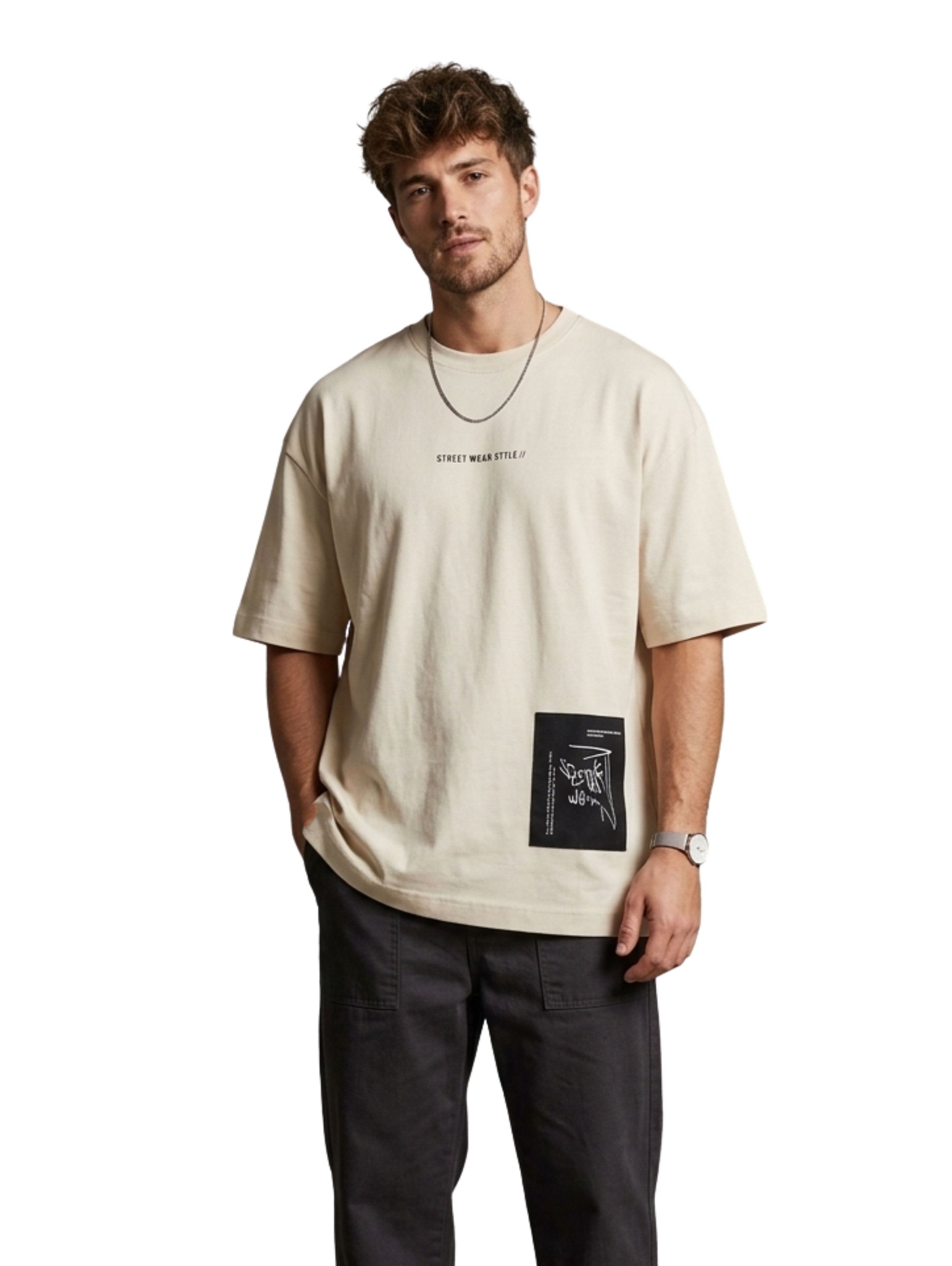 Oversized Beige Round T-Shirt With Front Design