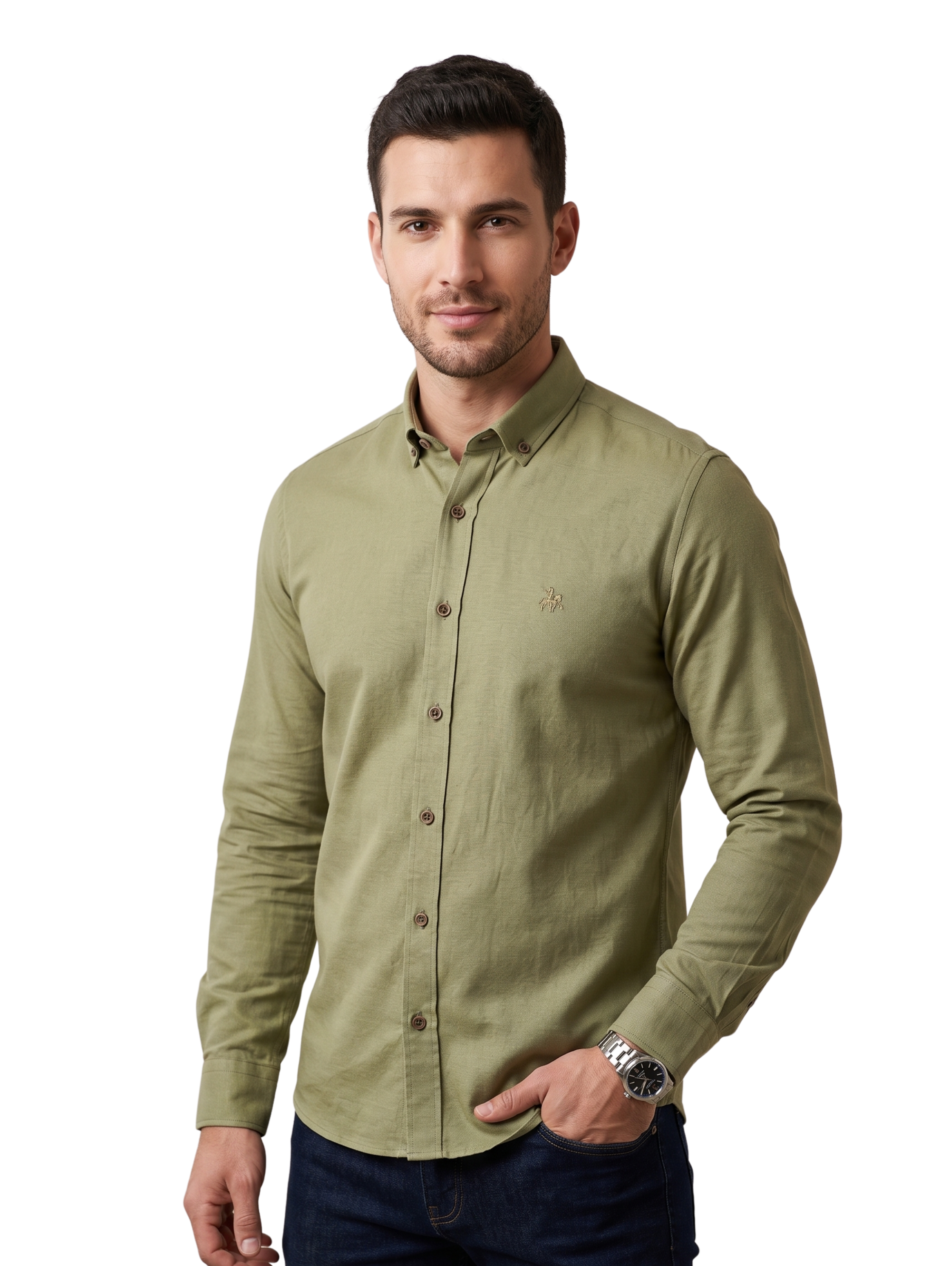 Slim Fit Olive Green Long Sleeved Button Down Shirt