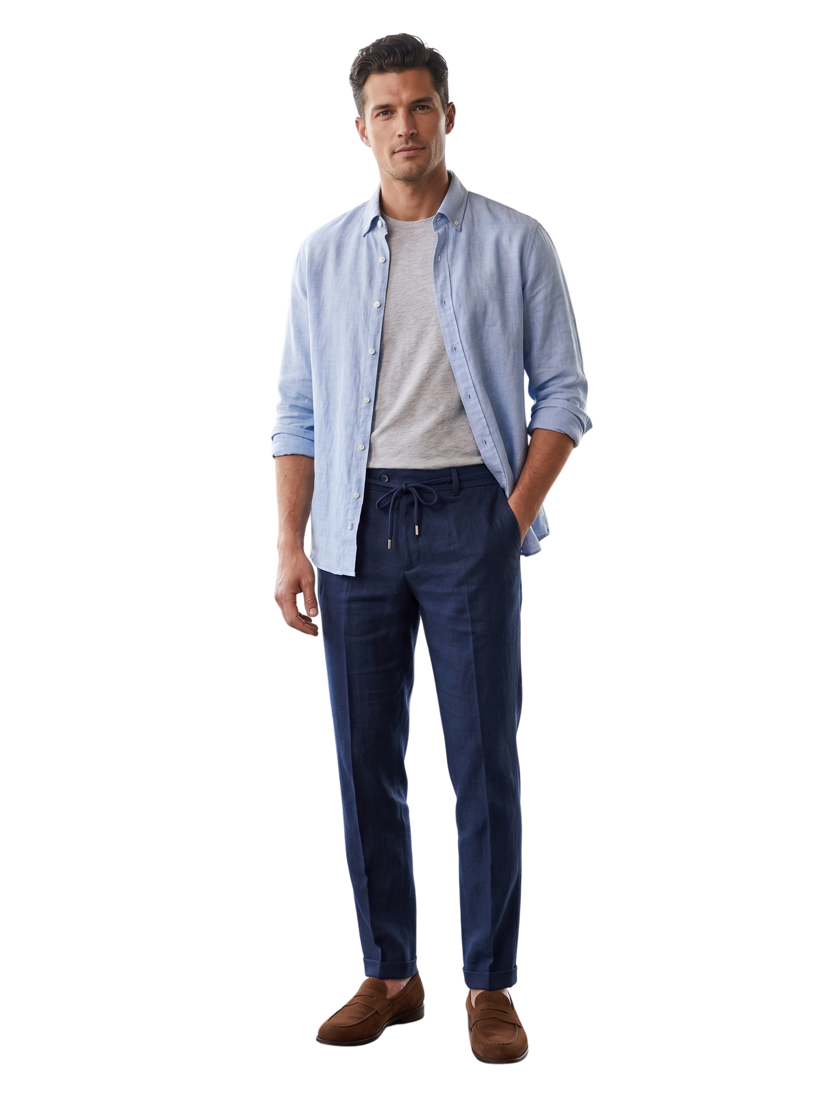 Navy Tailored Linen Drawstring Pants