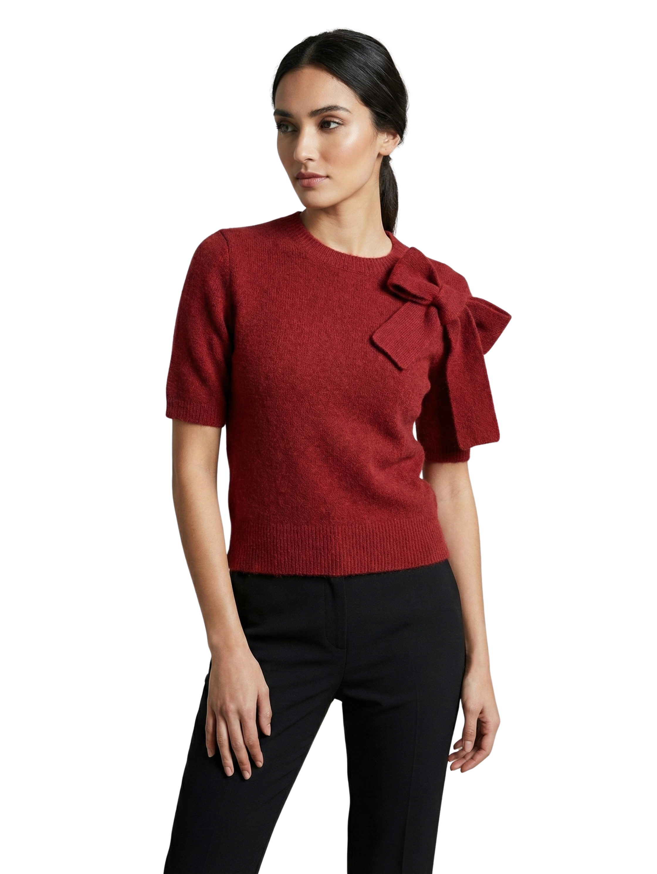 Short Sleeved Bordo Sweater With Ribbon Design