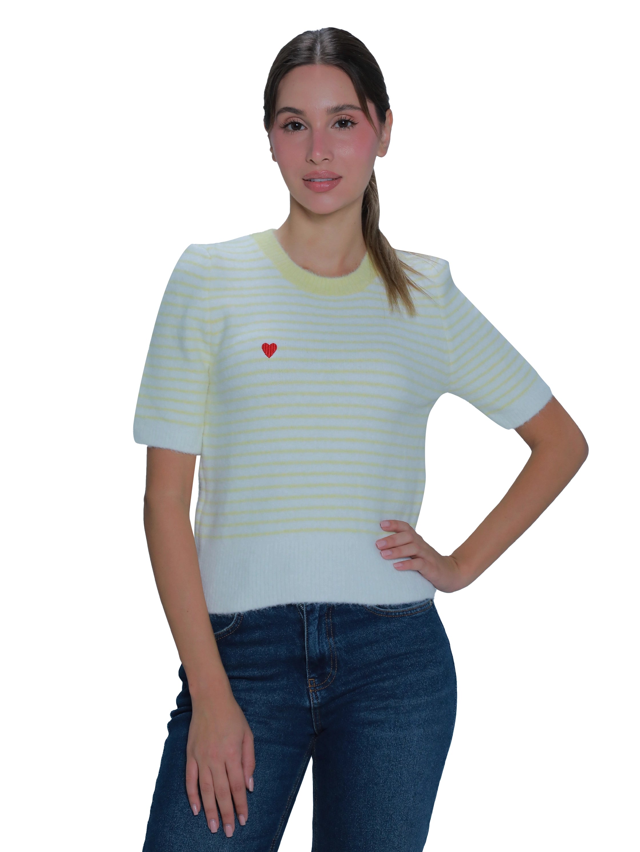 Short Sleeve Yellow Stripe Sweater With Heart Design