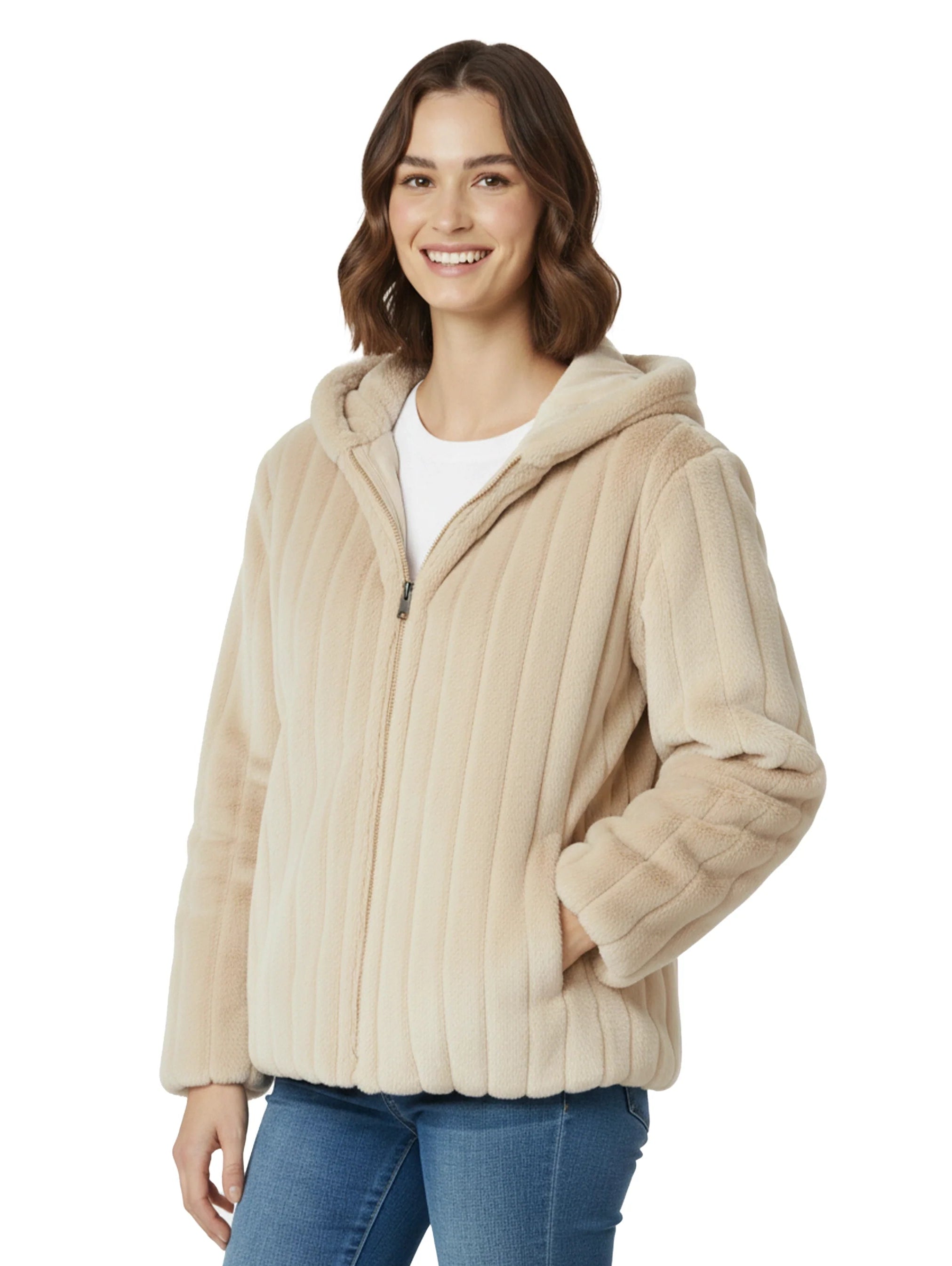 Short Beige Hooded Ribbed Fure Jacket