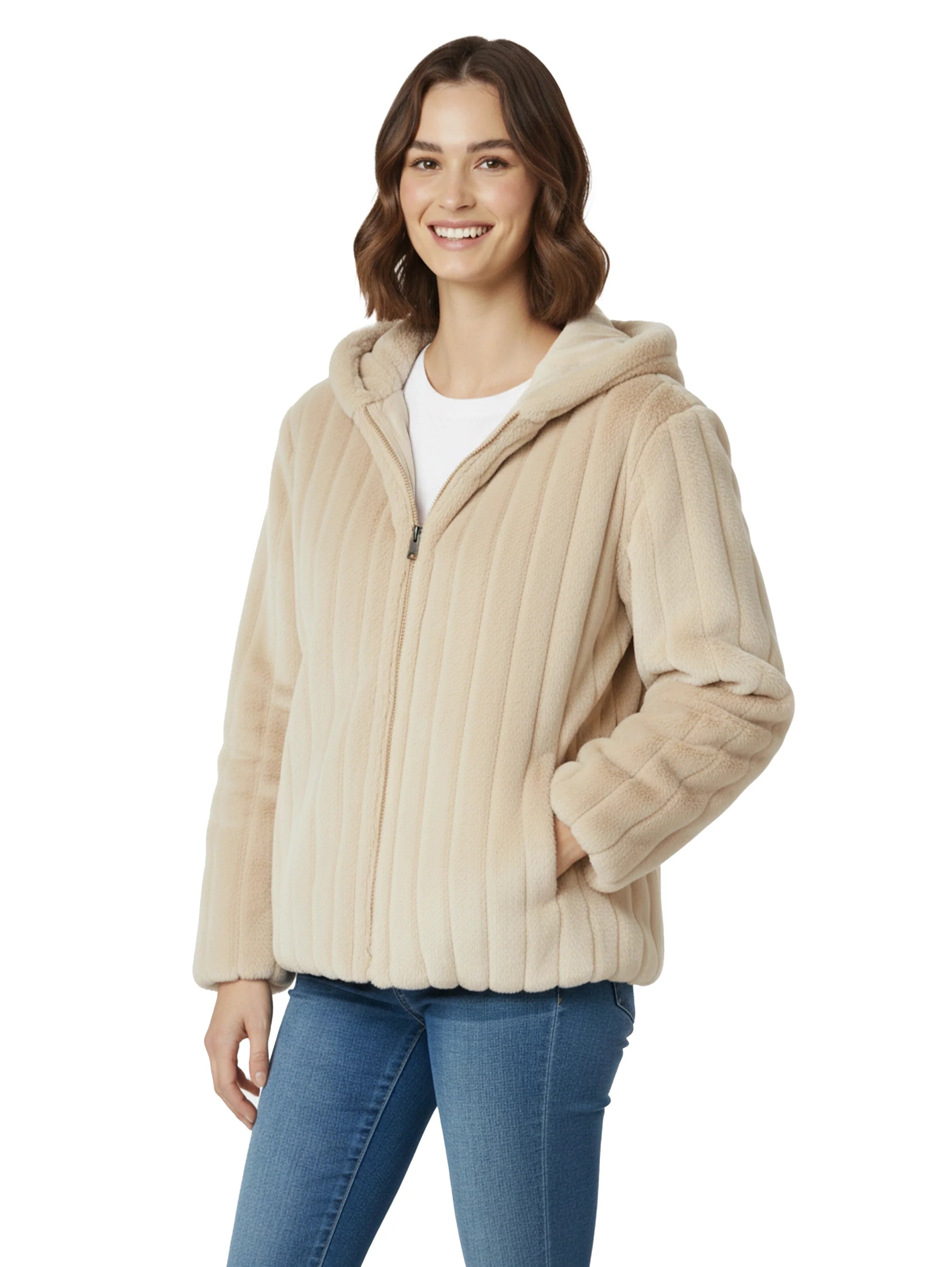 Short Beige Hooded Ribbed Fure Jacket