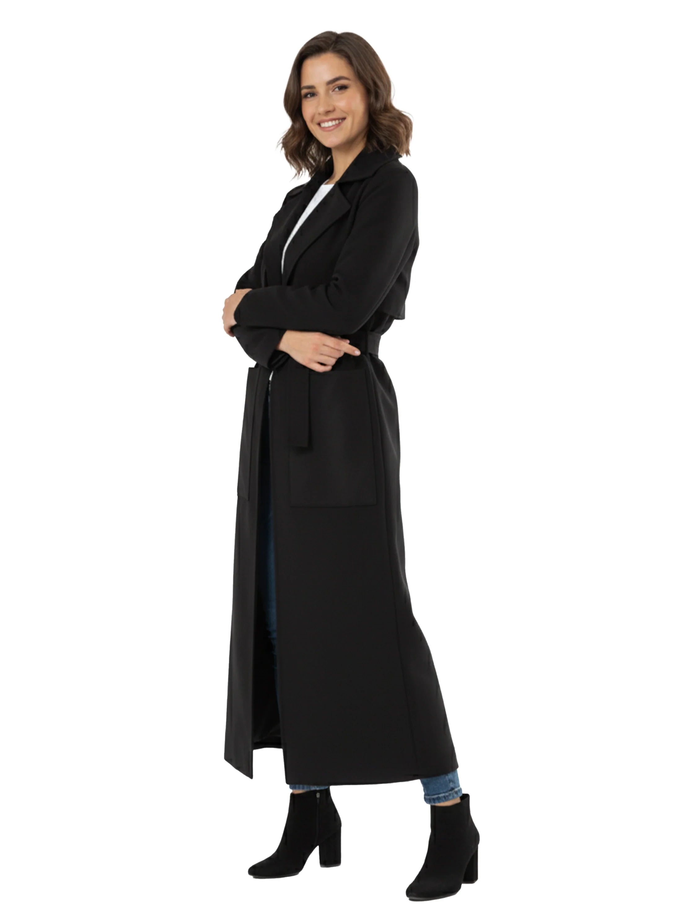 Black Long Chamois Coat With Side Pockets