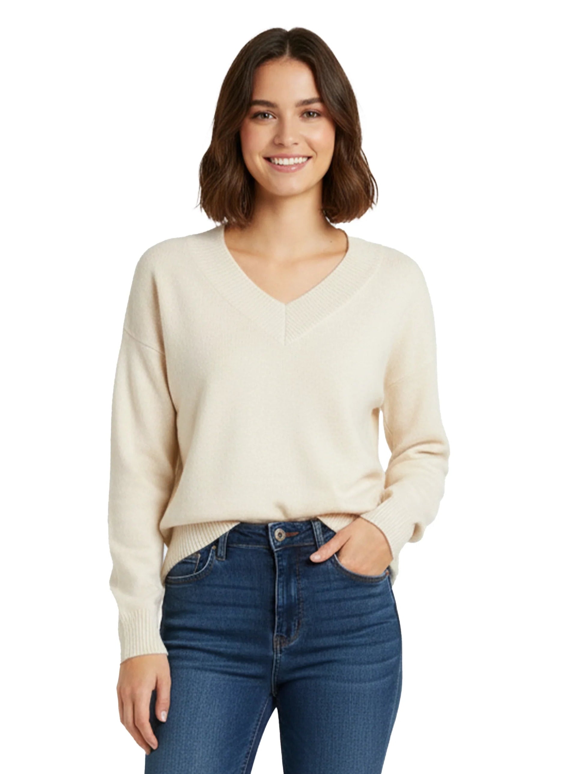 Long Sleeved Beige Pullover With V- Neck Collar