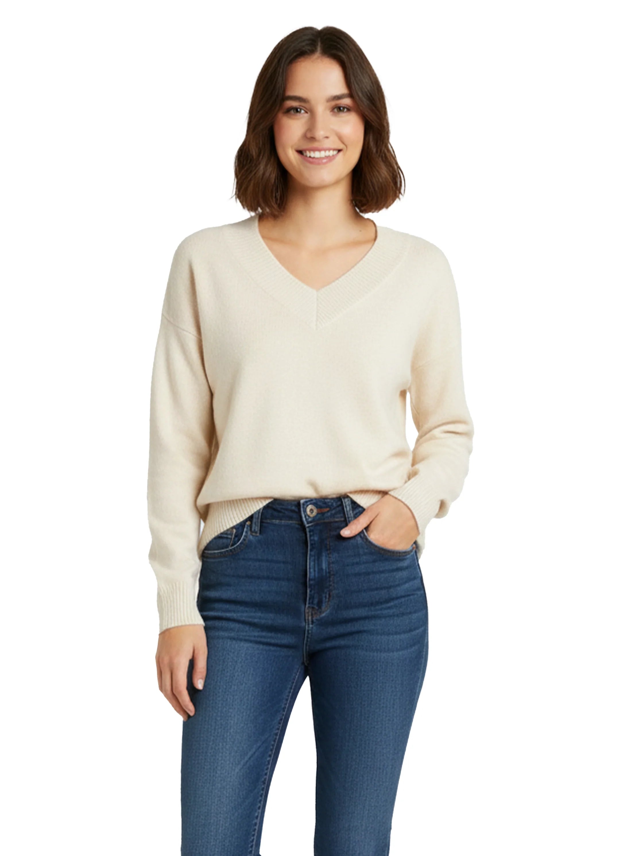Long Sleeved Beige Pullover With V- Neck Collar