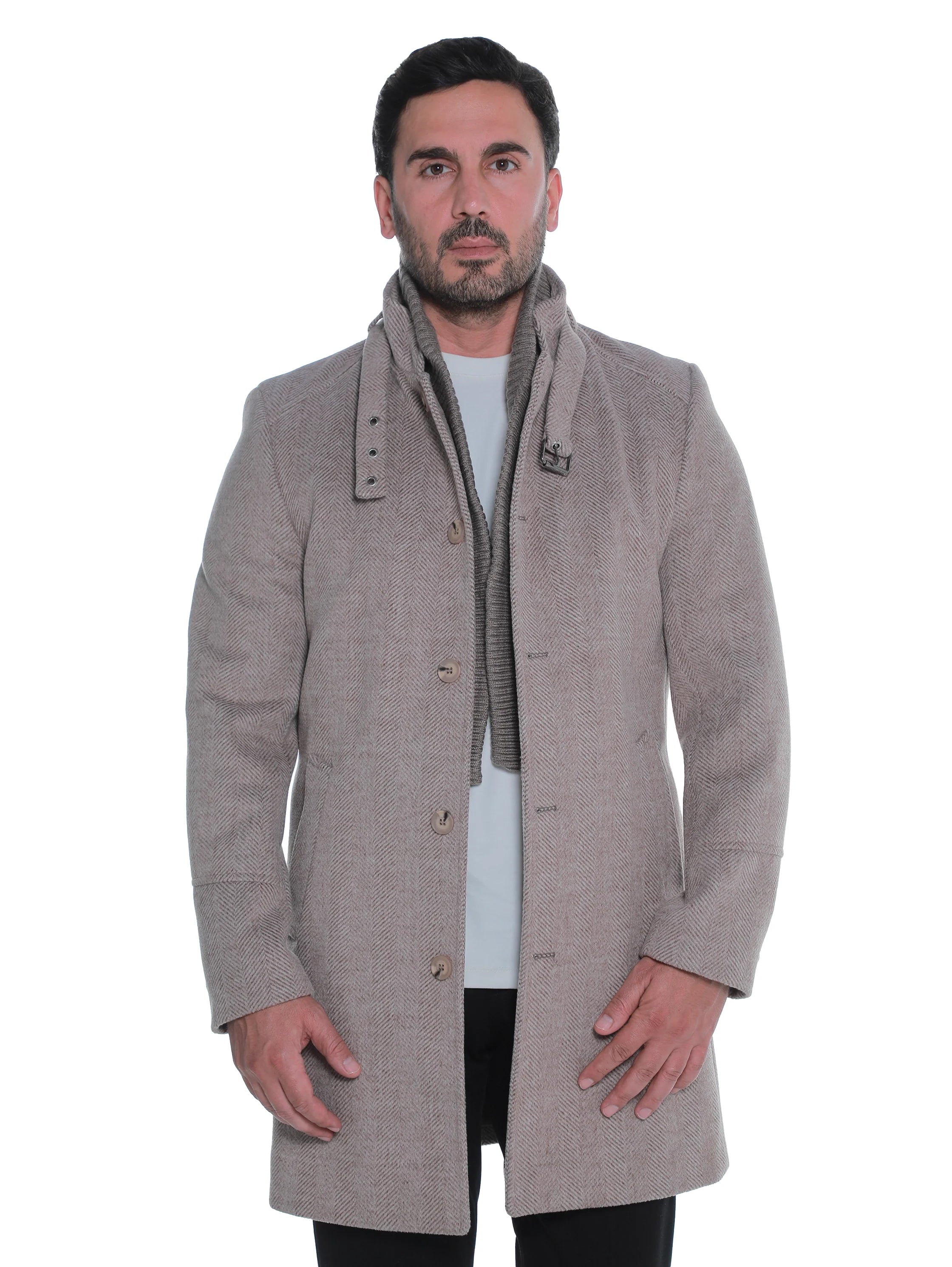 Dark Beige Buttoned Coat With Side Slanted Pockets