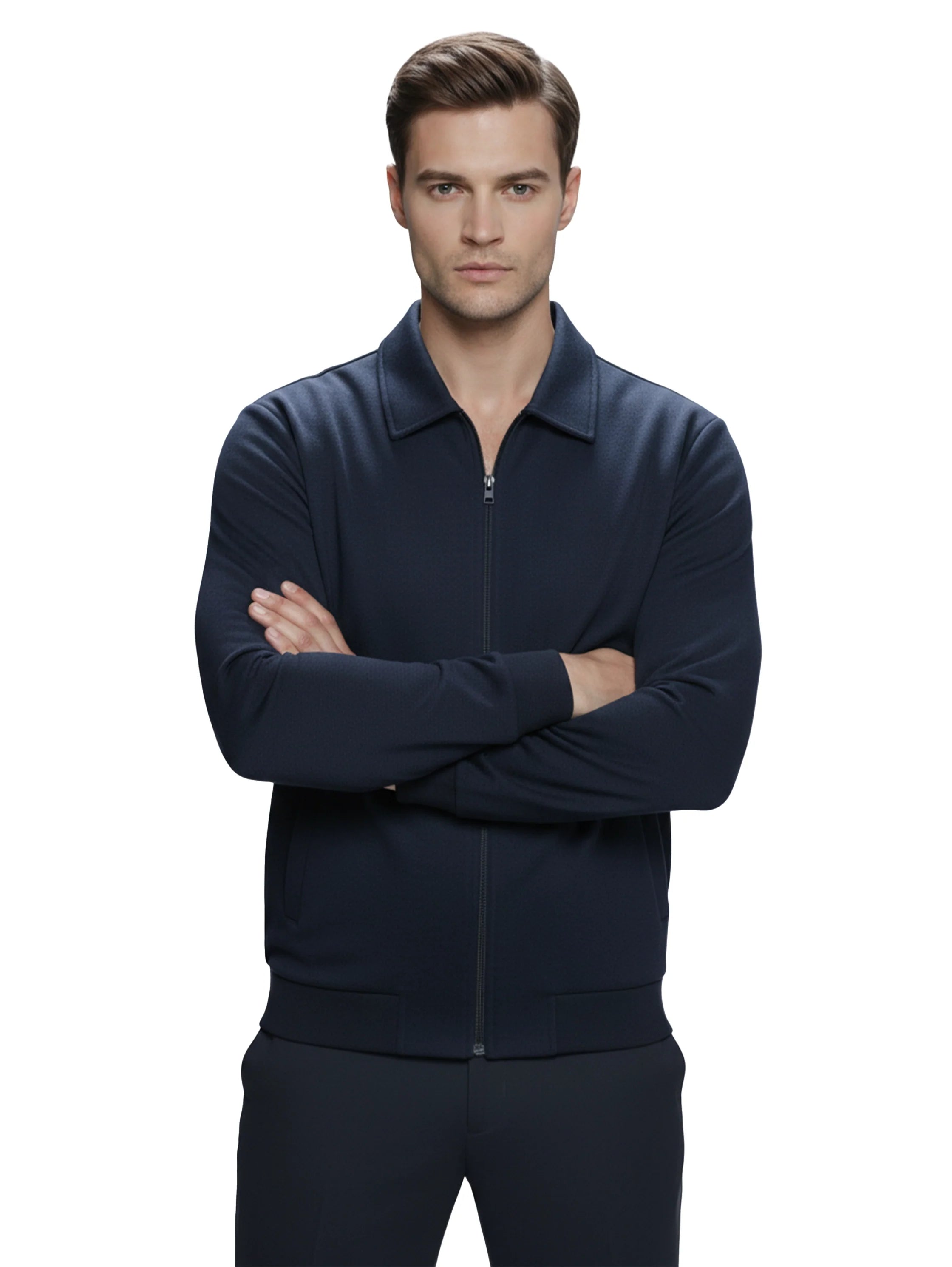 Navy Zippered Jacket With Collar