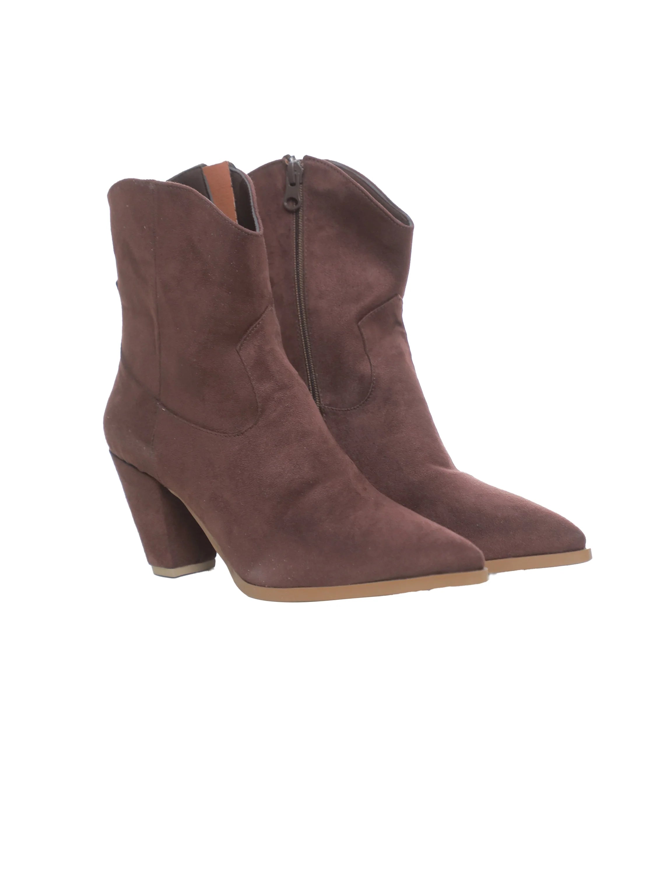 Brown Velvet Ankle Boot with A Mid High Block Heel