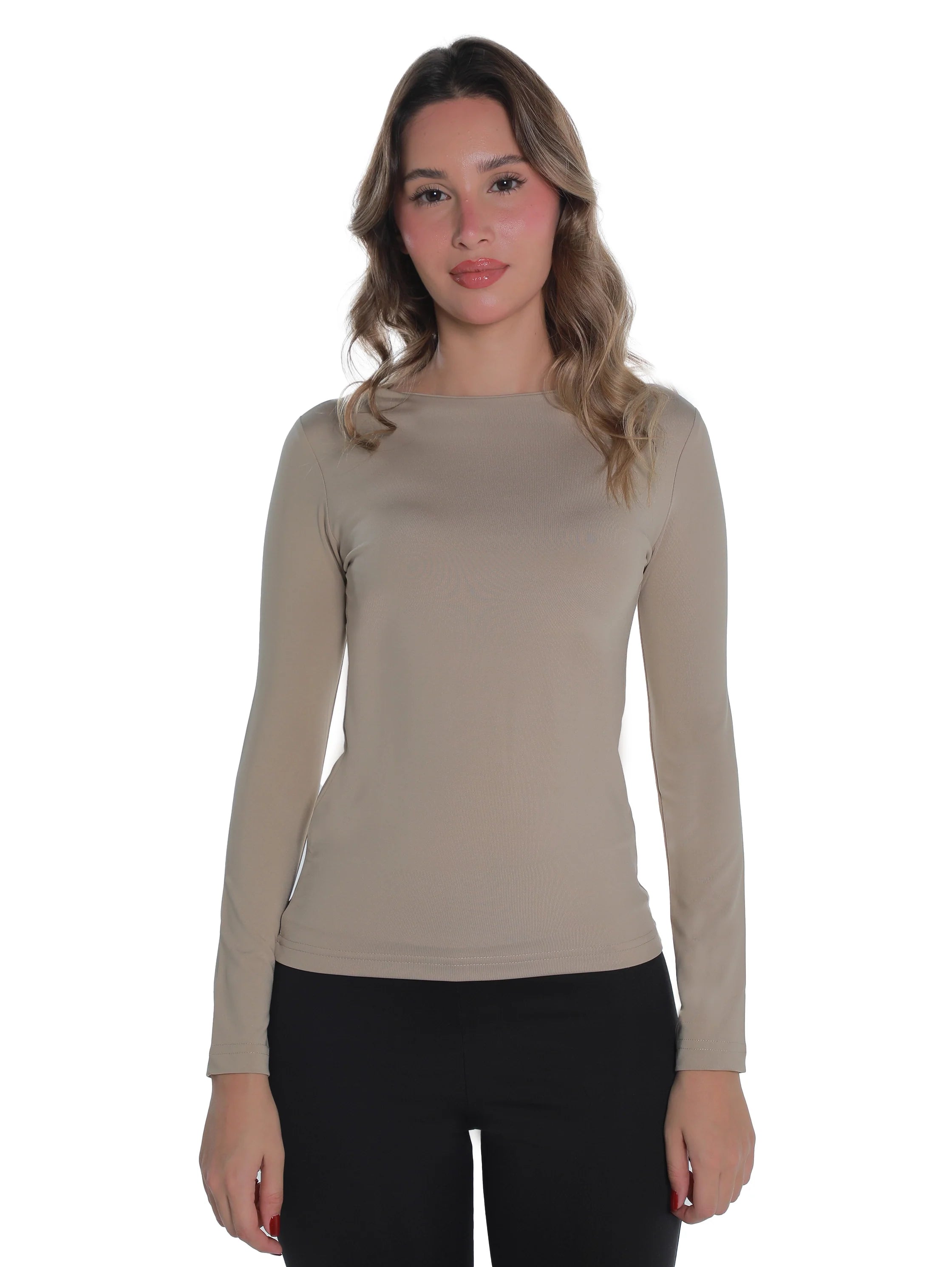 Long Sleeved Beige Basic Top Round Neck