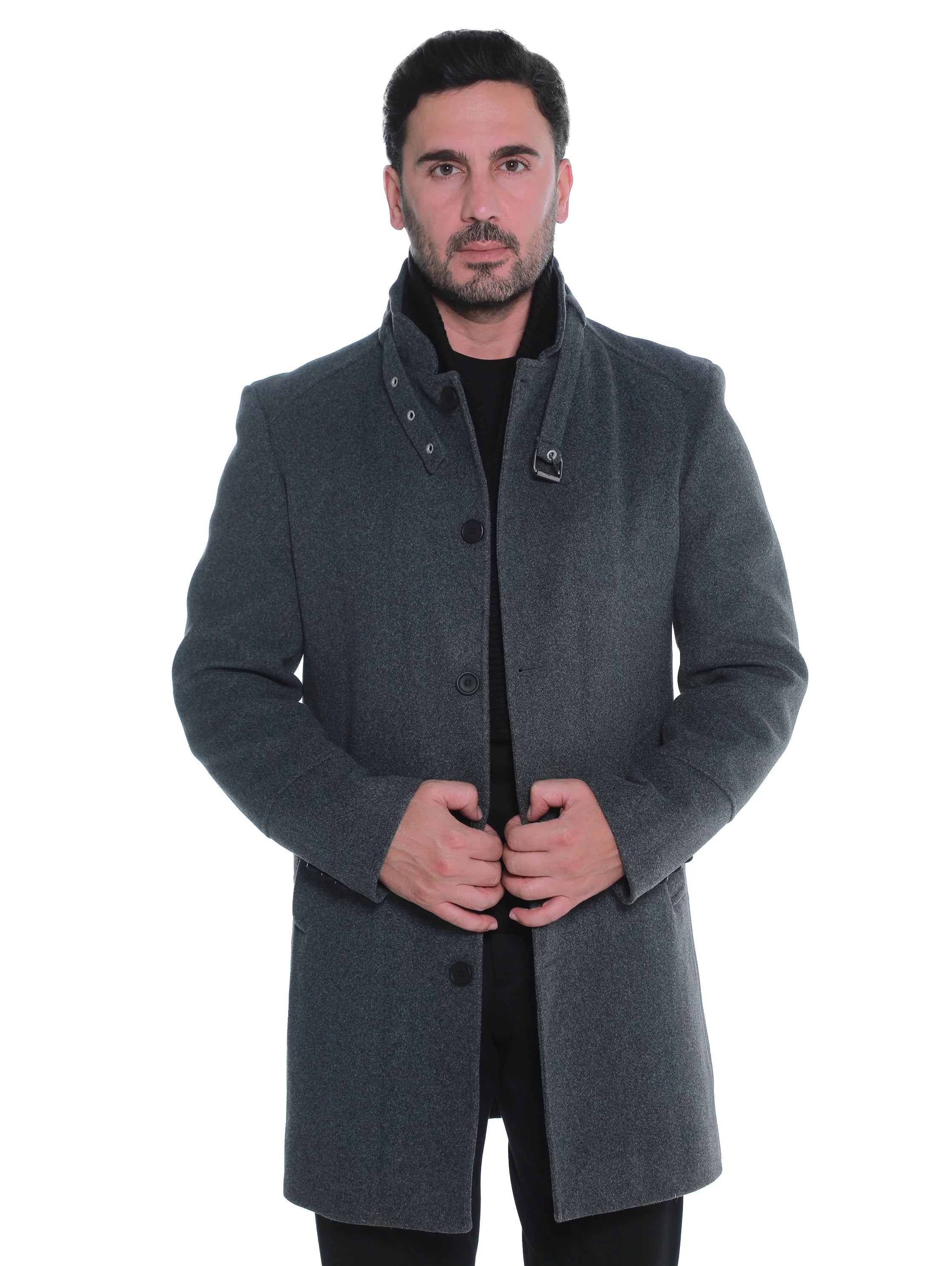 Dark Grey Buttoned Coat With Stand Up Collar