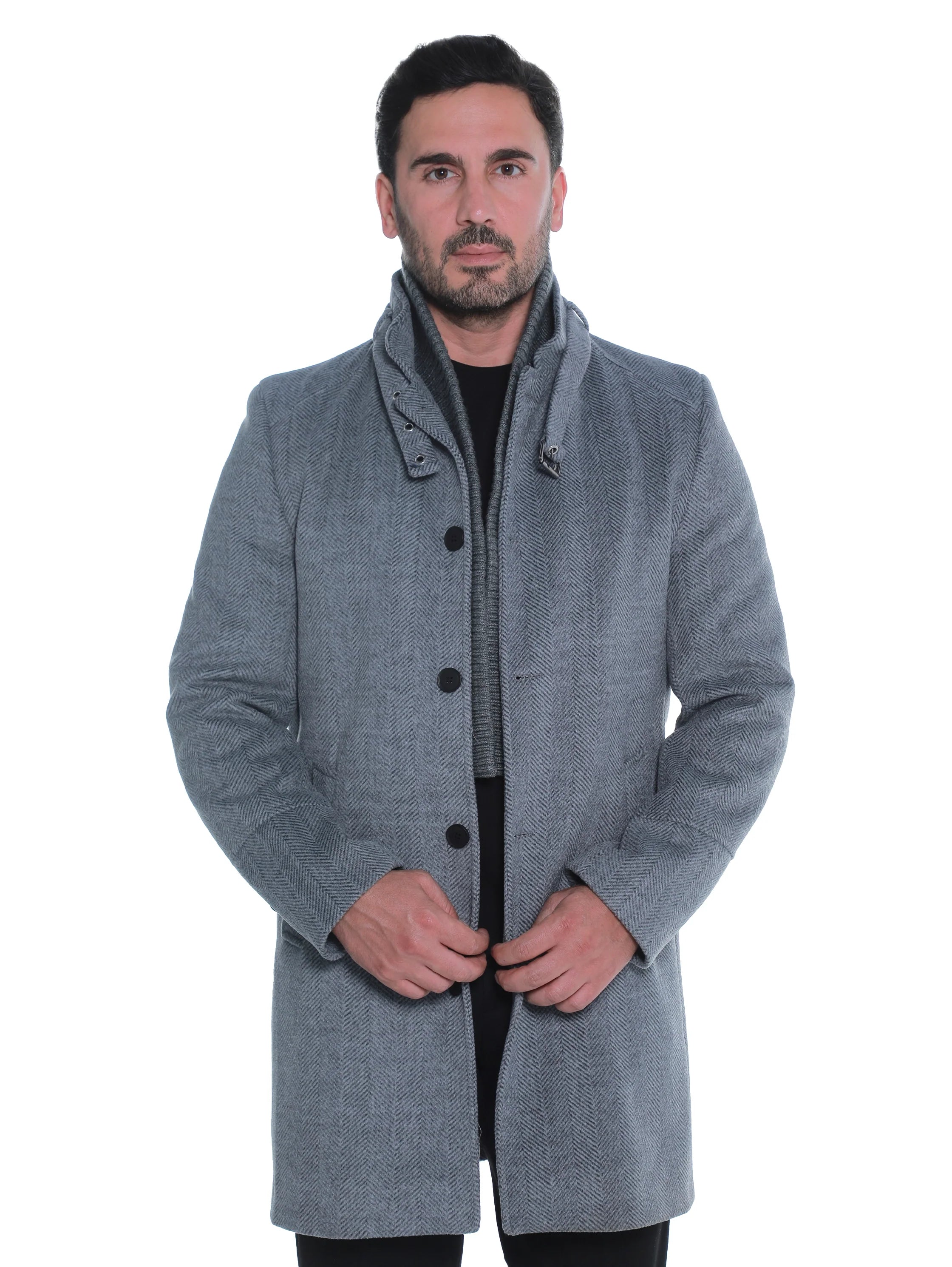 Grey Buttoned Coat With Side Slanted Pockets