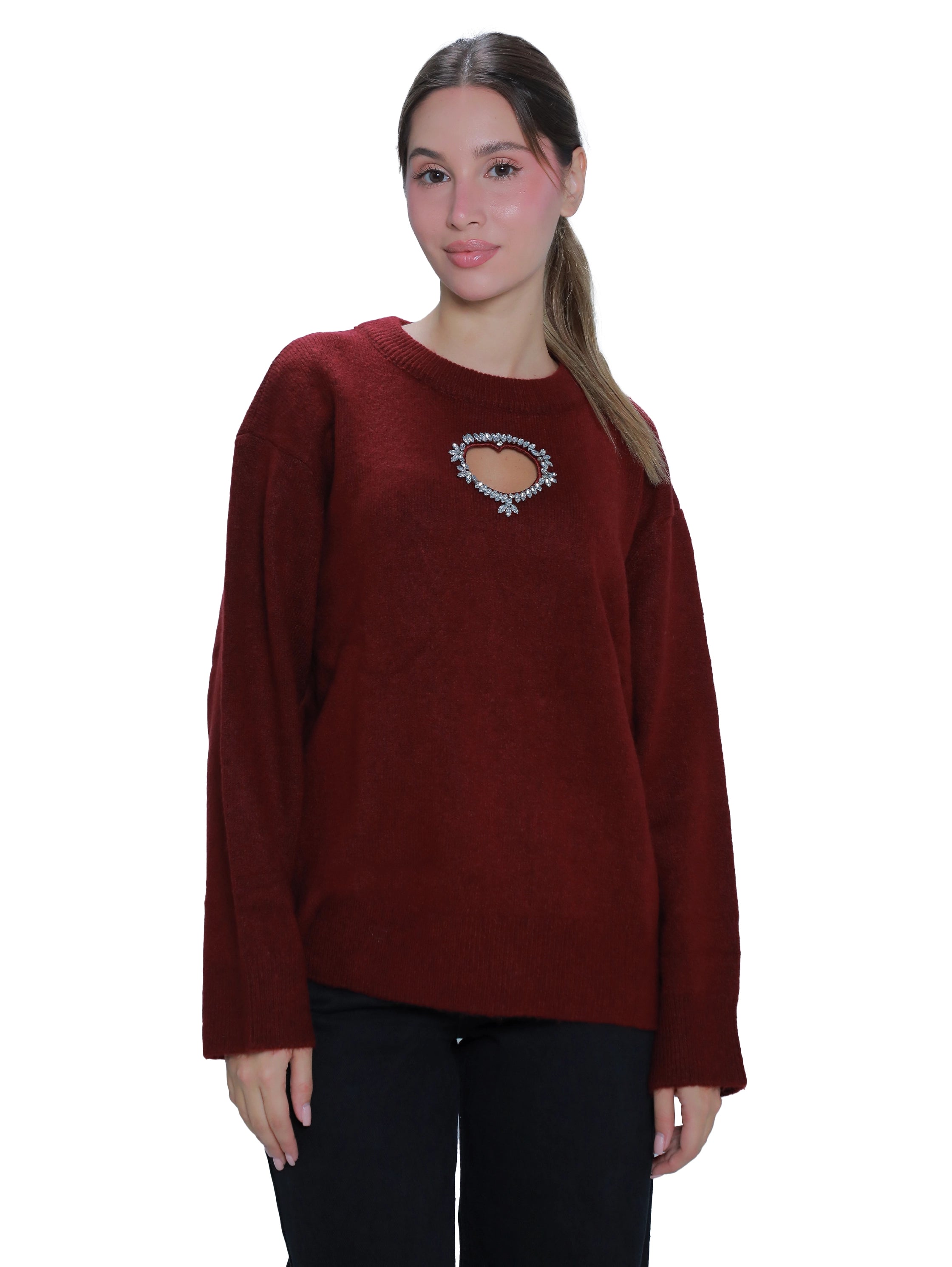 Bordo Oversize Pullover With Open Heart Front Design
