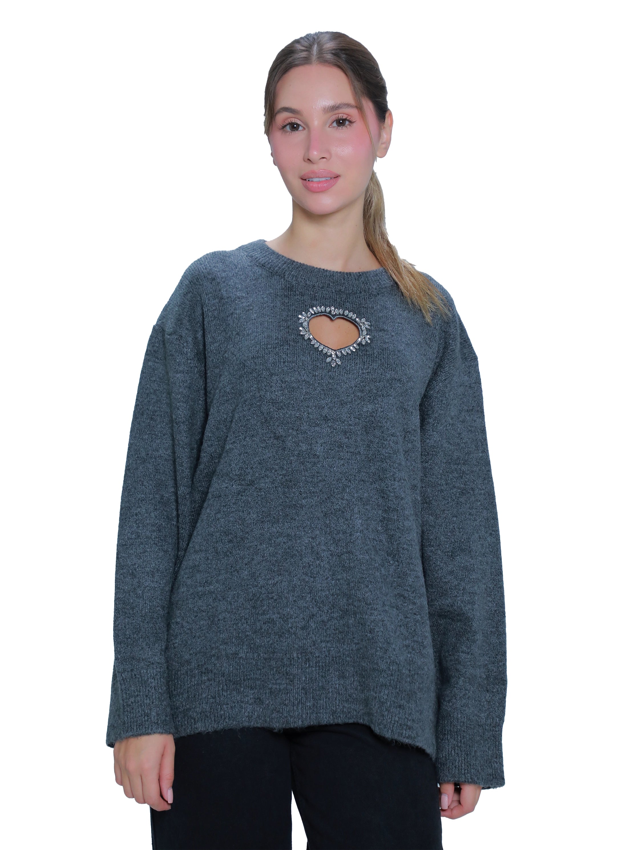 Dark Grey Oversize Pullover With Open Heart Front Design