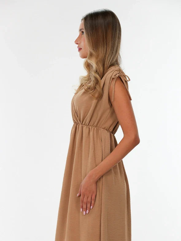 Beige Loose Dress With Shoulder Design