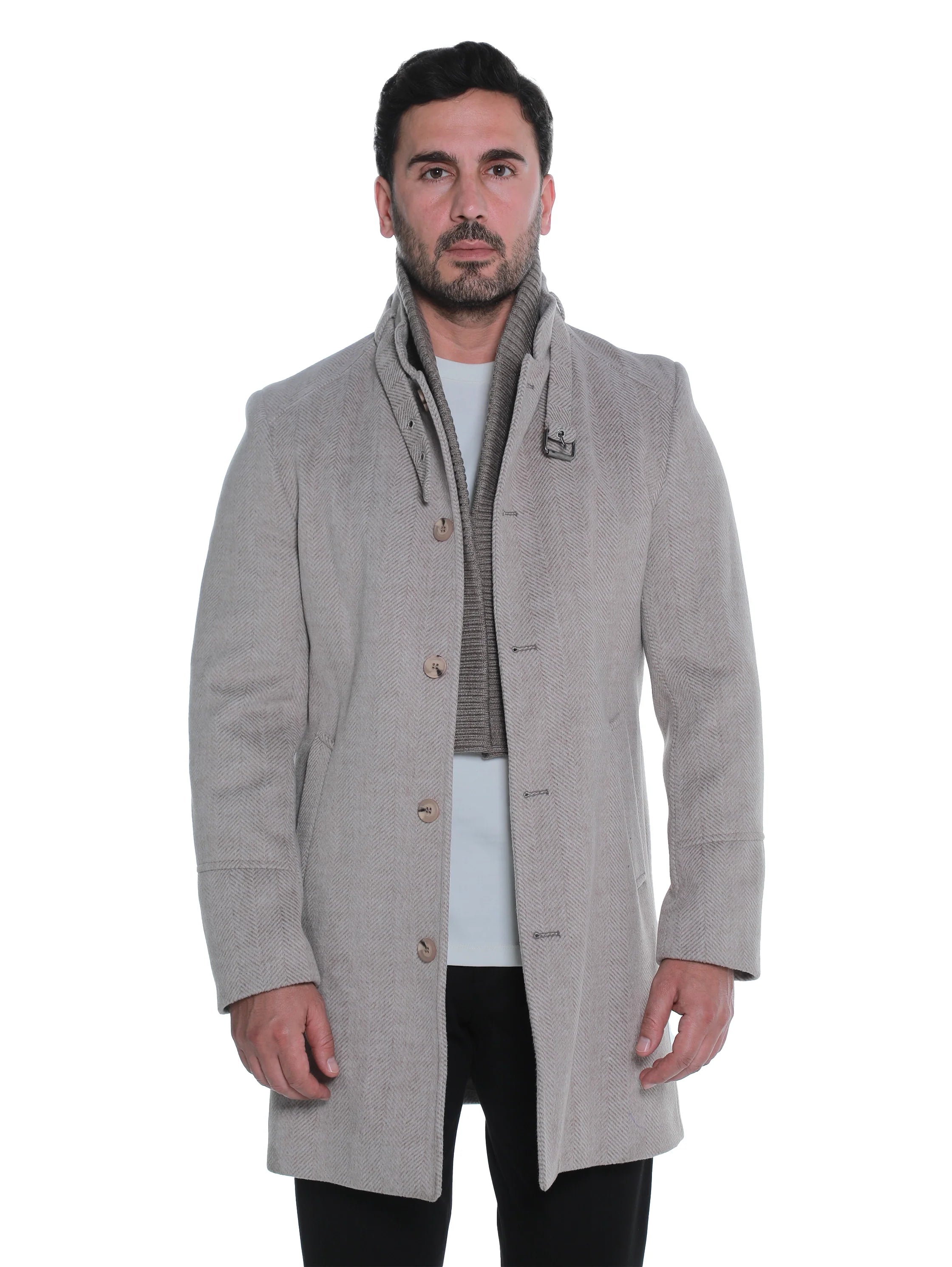 Beige Buttoned Coat With Side Slanted Pockets