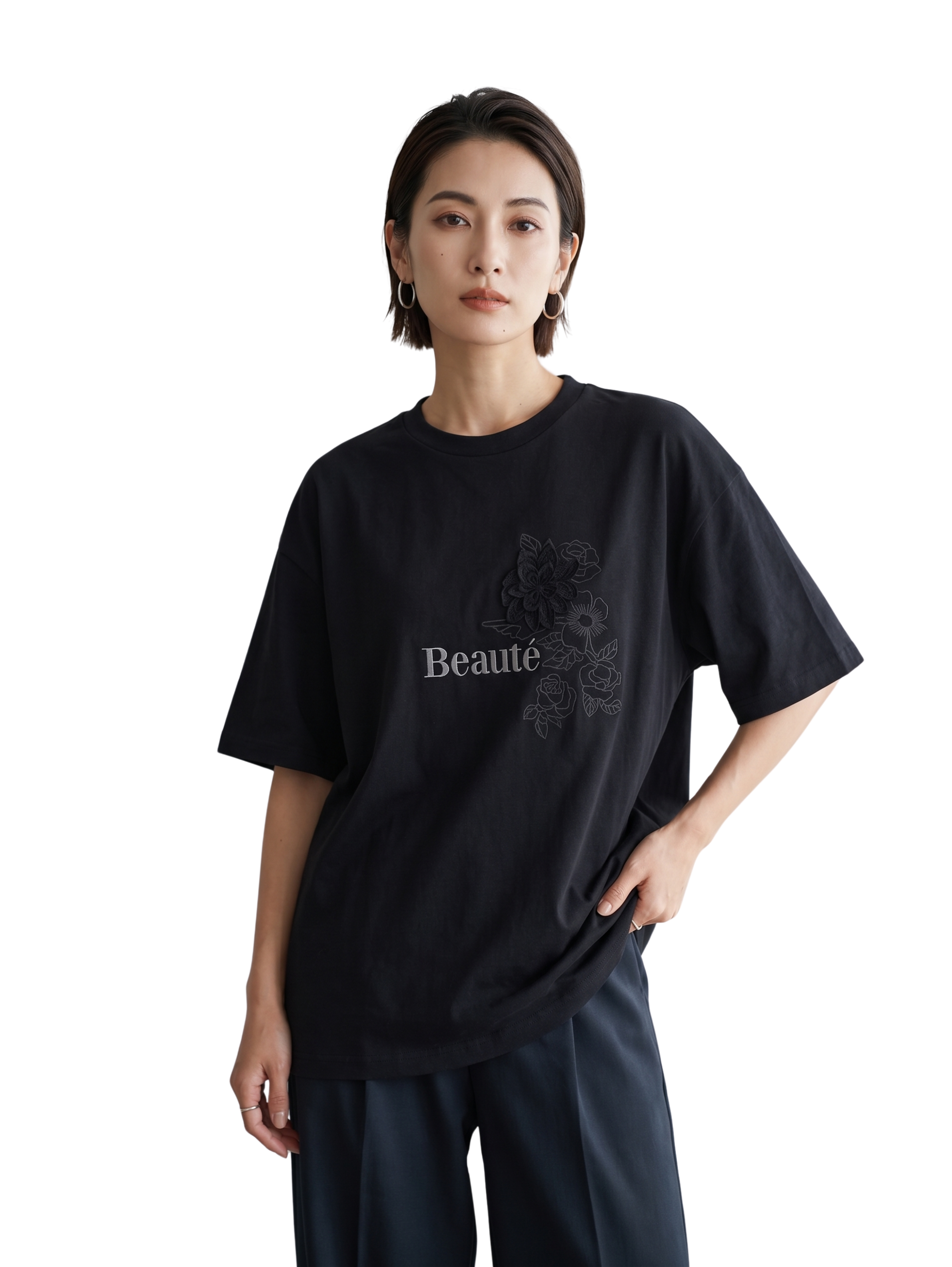 Black Short Sleeved Round Neck T-Shirt With Floral Design