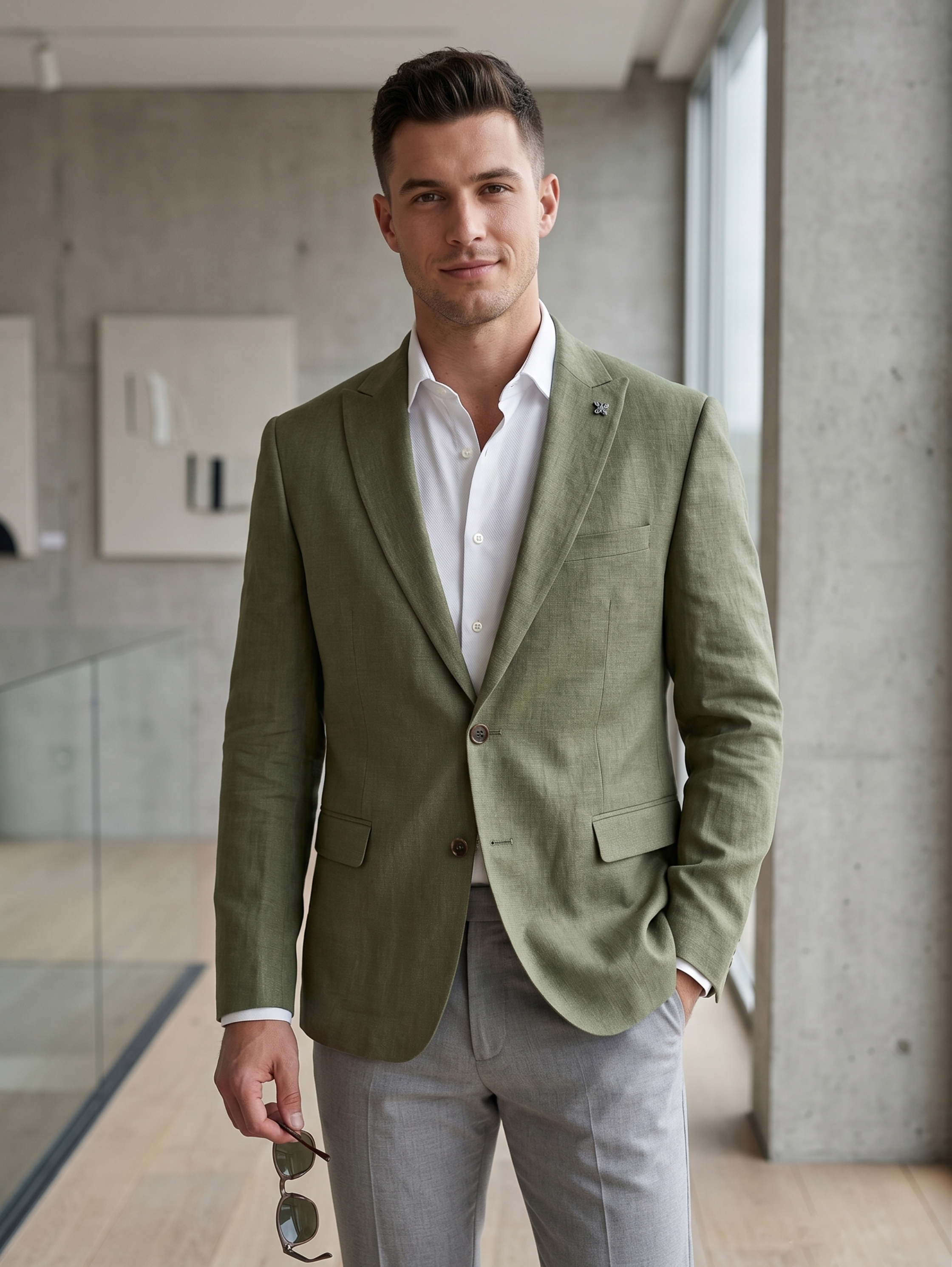 Two Button Olive Tailored Linen Blazer