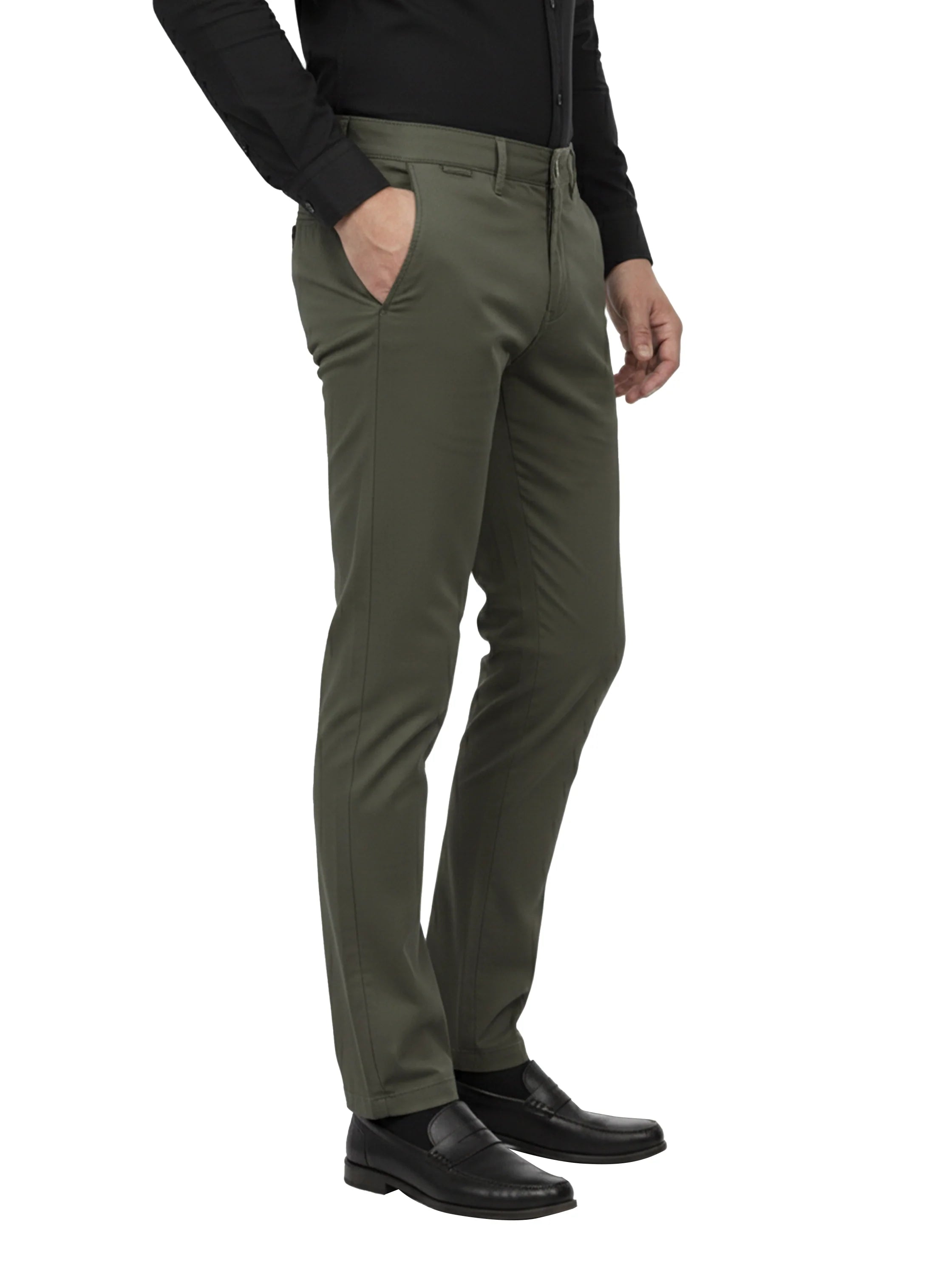 Olive Casual Chino Pant with Zipper & Button to Close