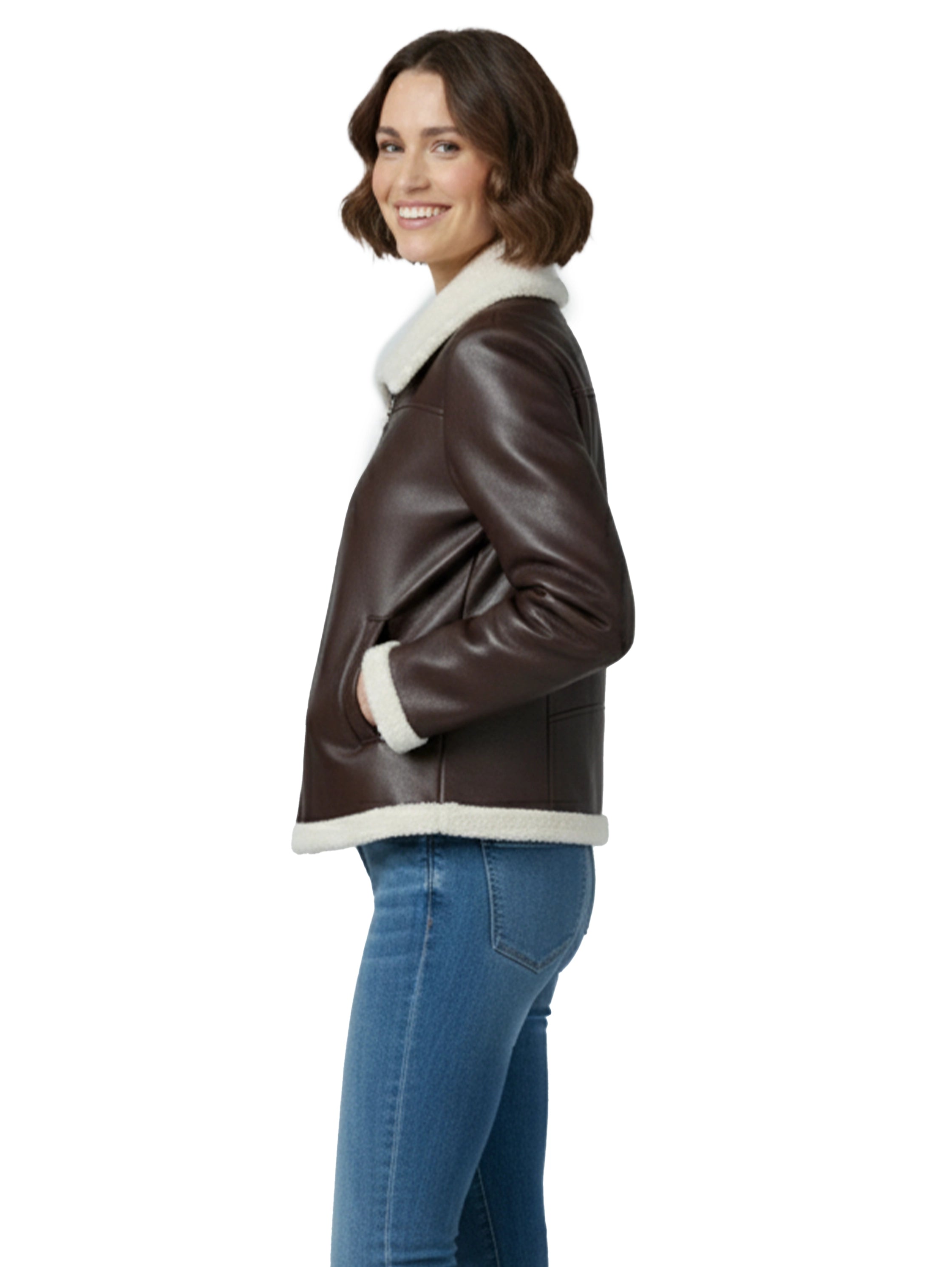Brown Leather Jacket With Fure Design