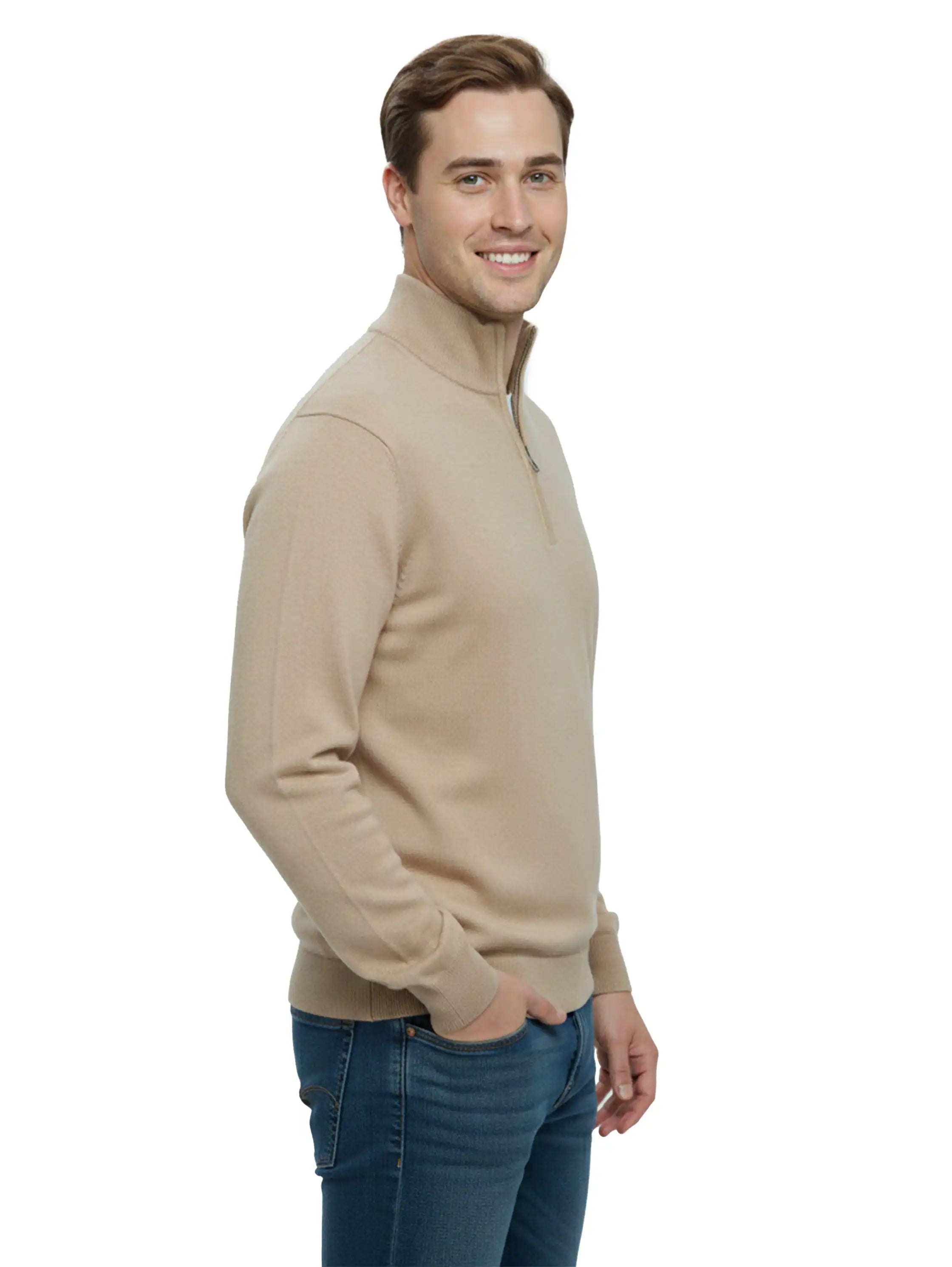 Stand Up Collar Beige Pullover With Half Zipper To Close
