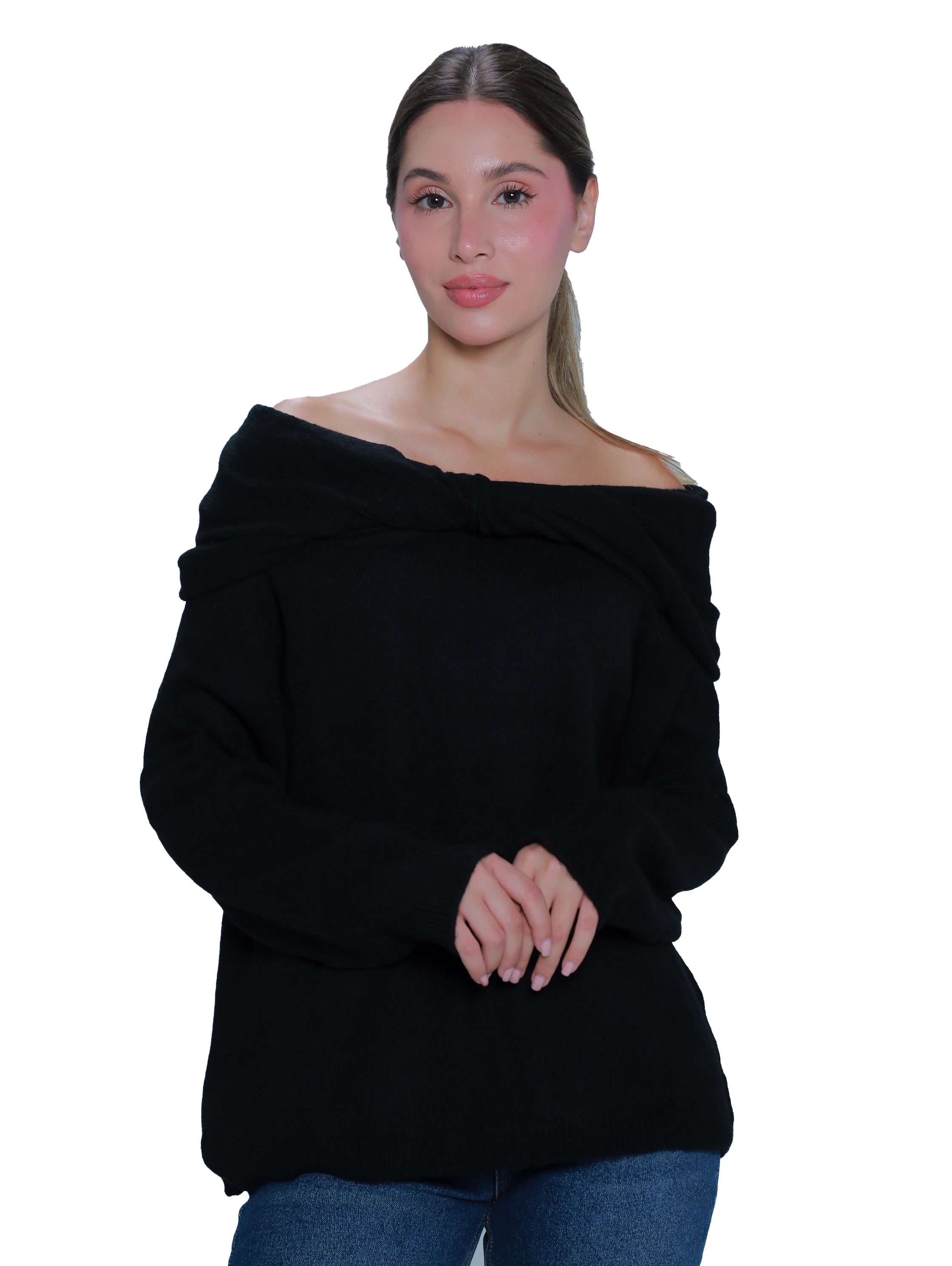 Open Shoulder Black Long Sleeved Sweater