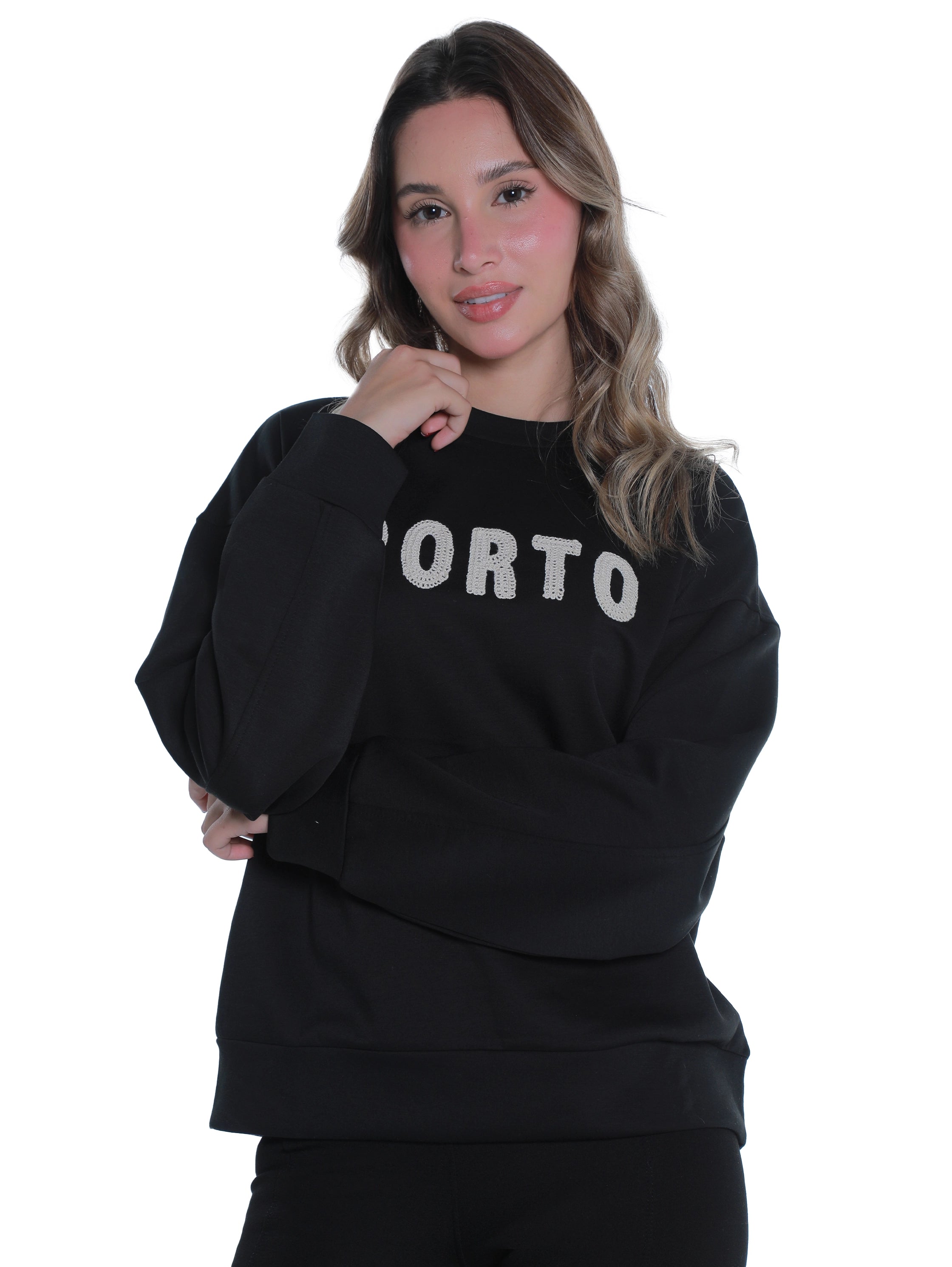 Round Neck Black Sweater With "Porto" Front Design