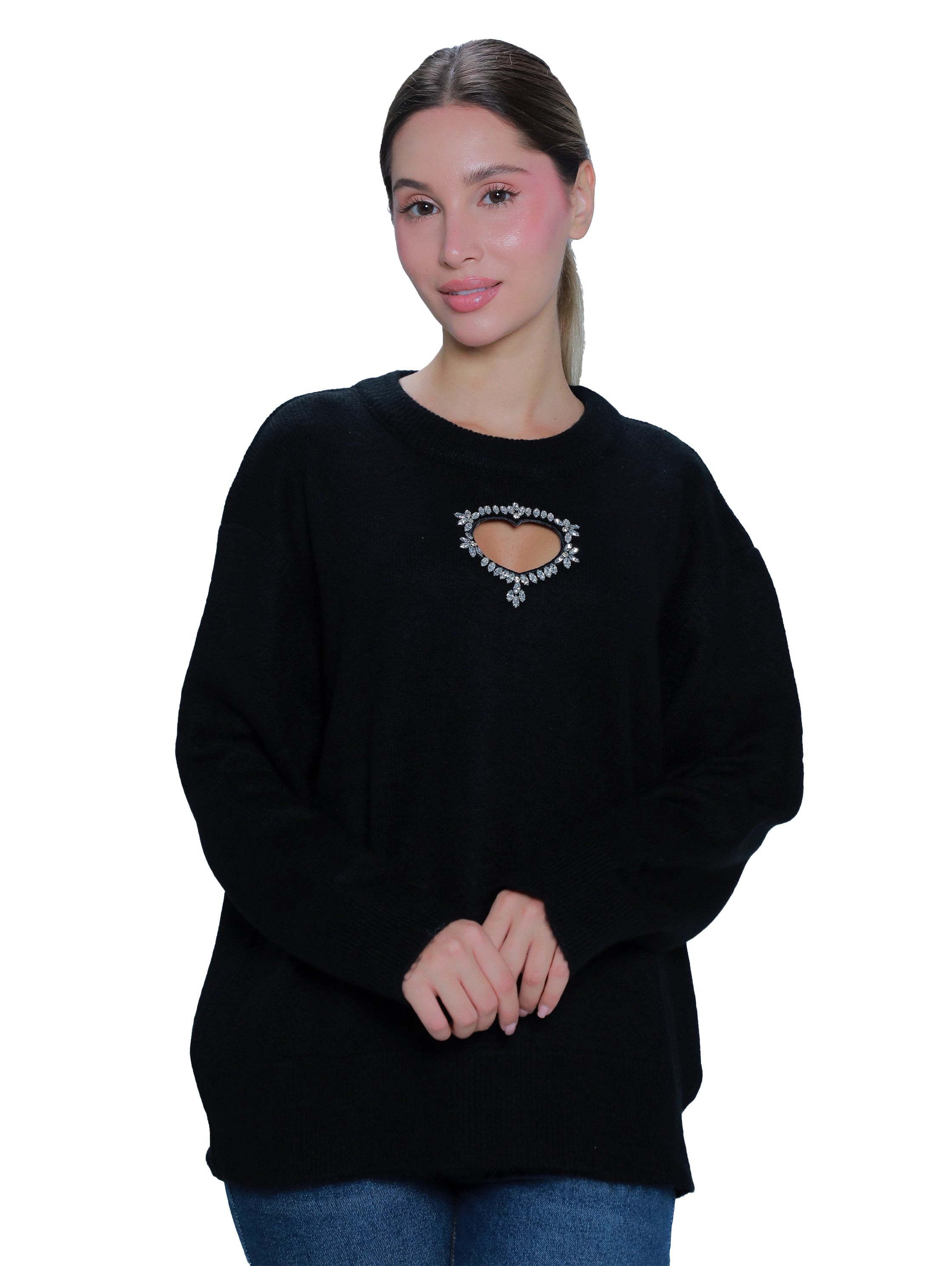 Black Oversize Pullover With Open Heart Front Design