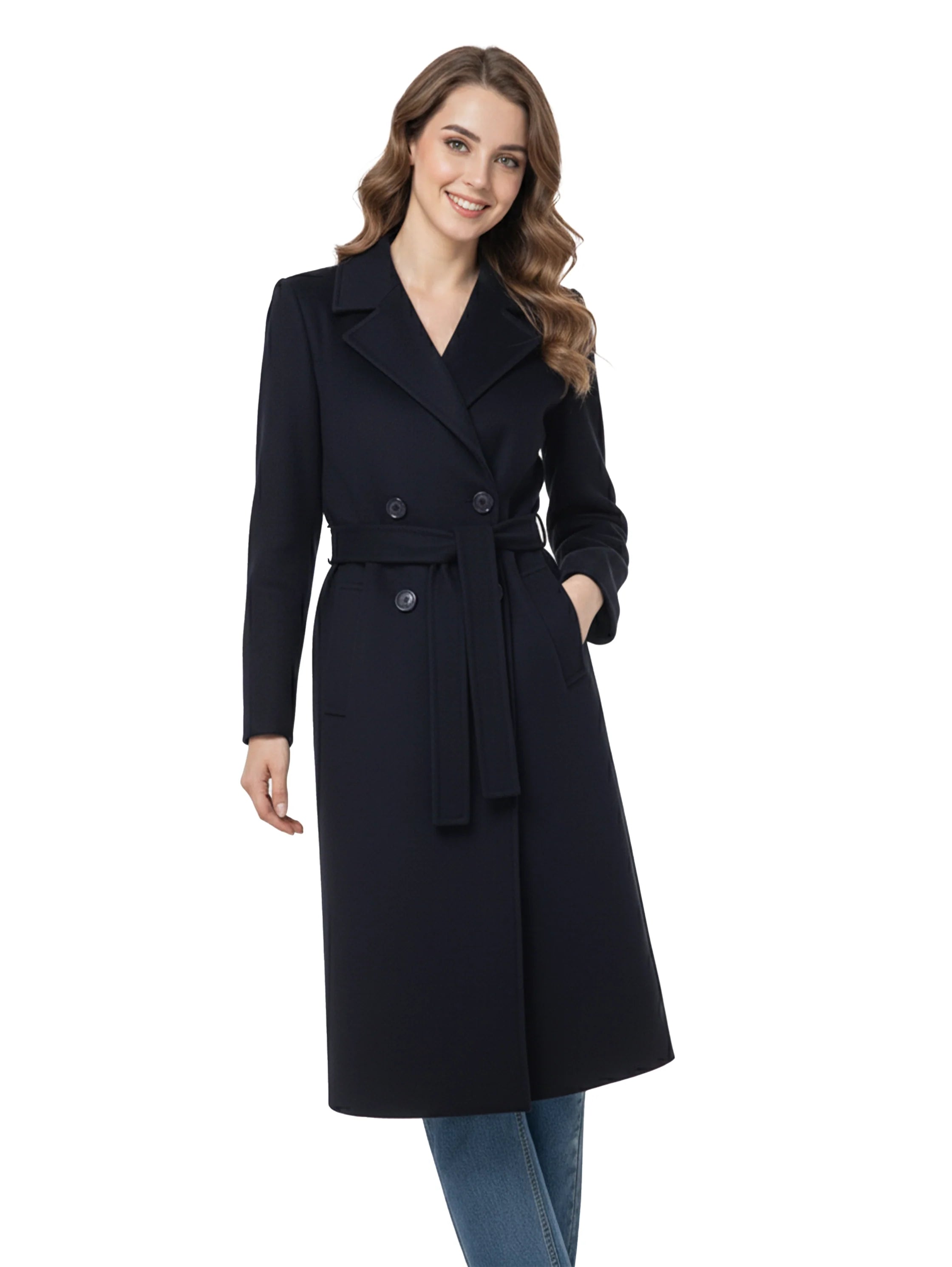 Navy Belted Long Coat With Lapel Collar