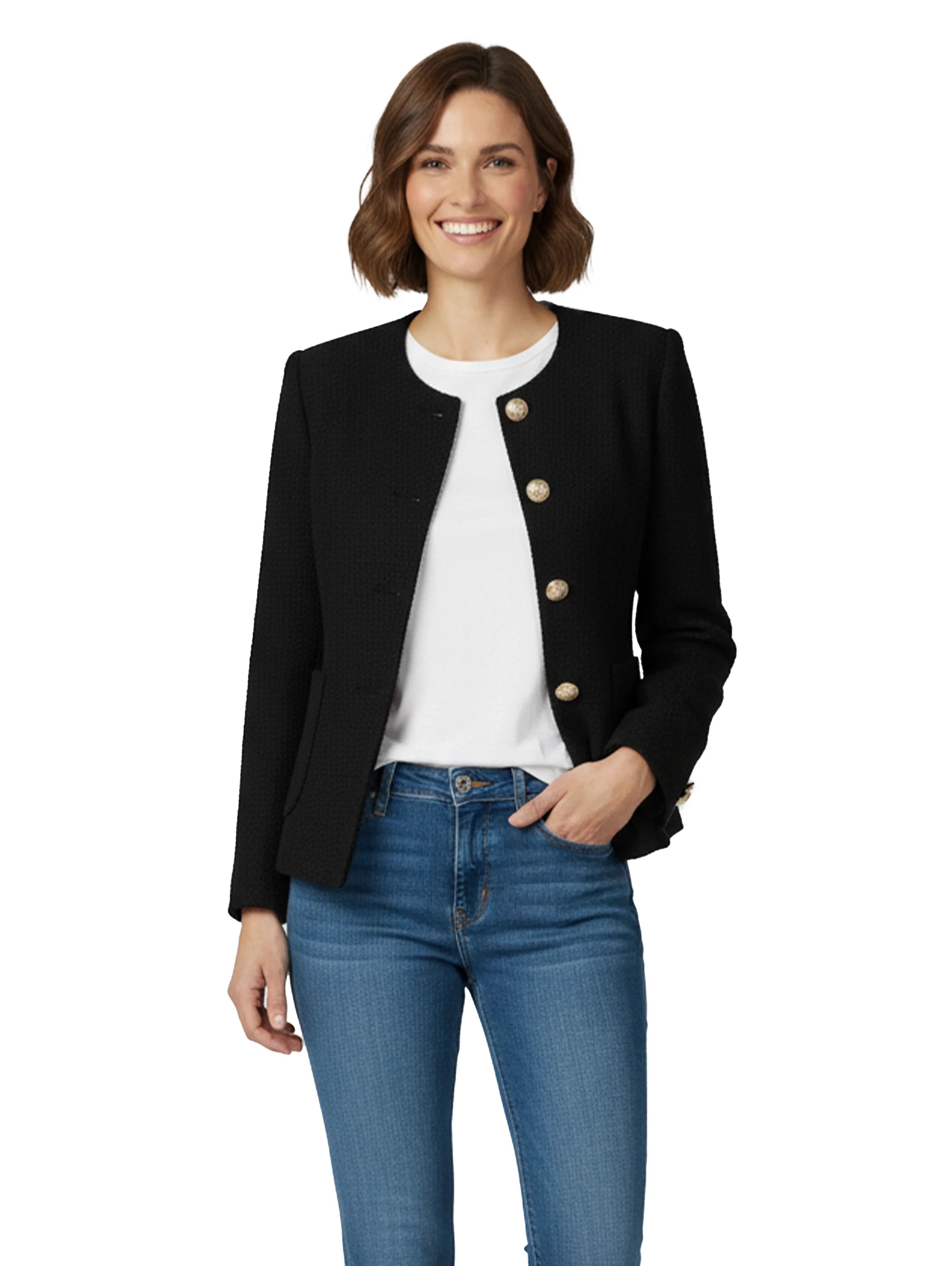 Round Neck Gold Buttoned Black Blazer