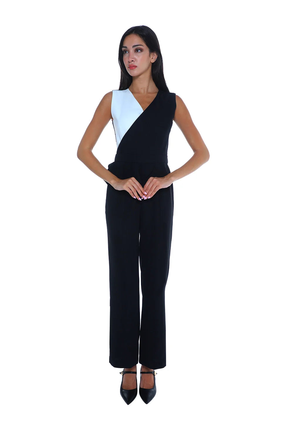 Formal Black & White Jumpsuit With Back Zipper To Close