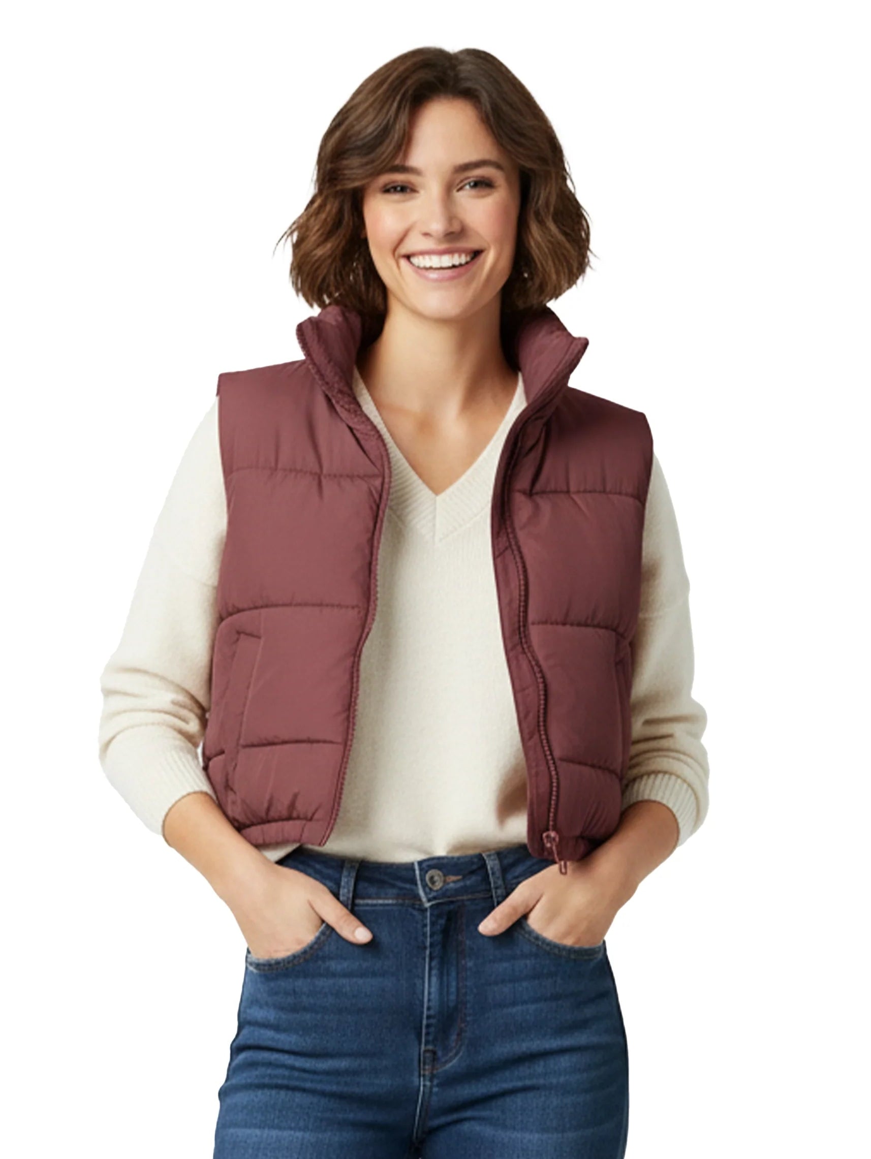 Crop Padded Wine Puffer Vest