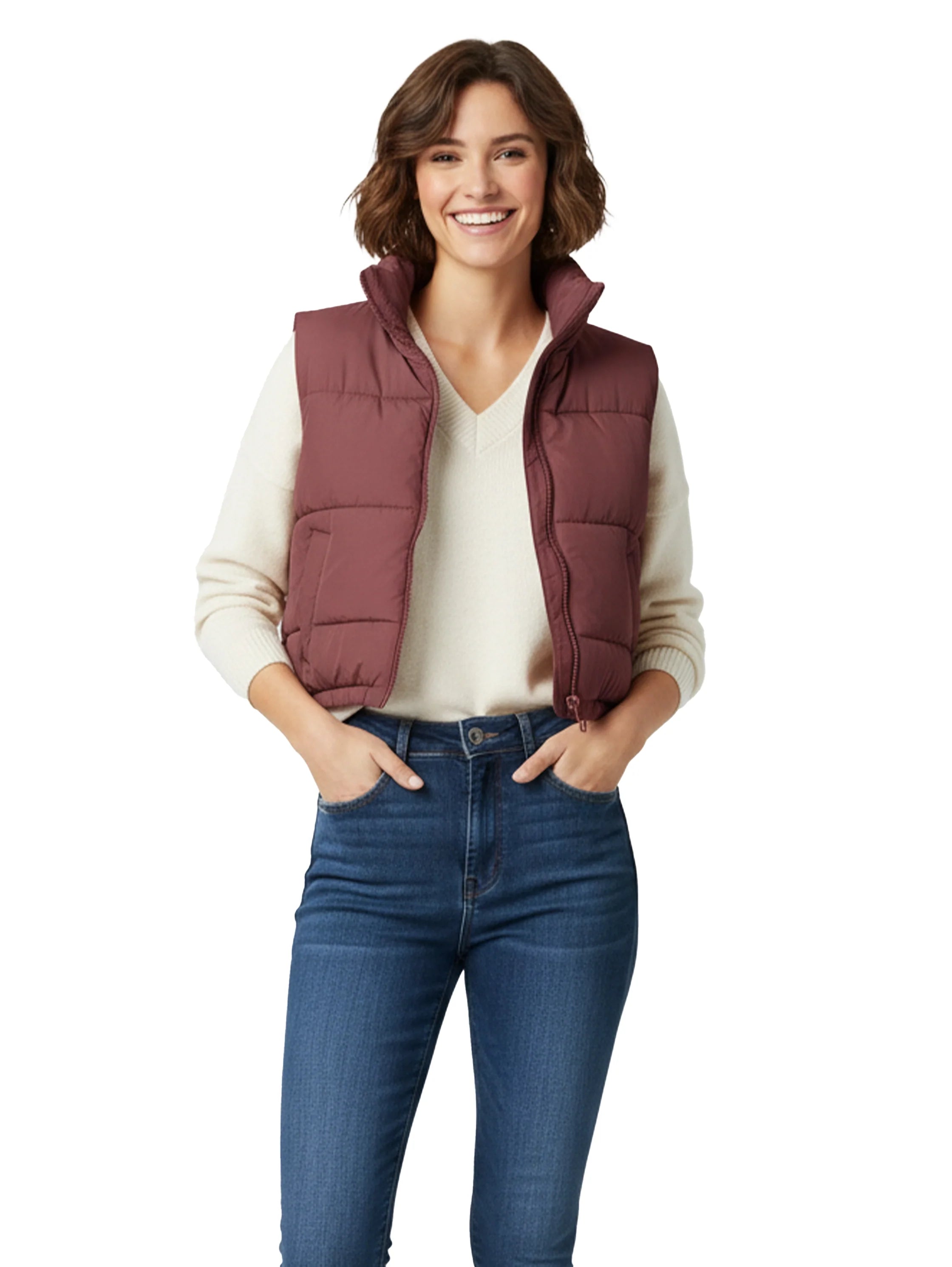 Crop Padded Wine Puffer Vest