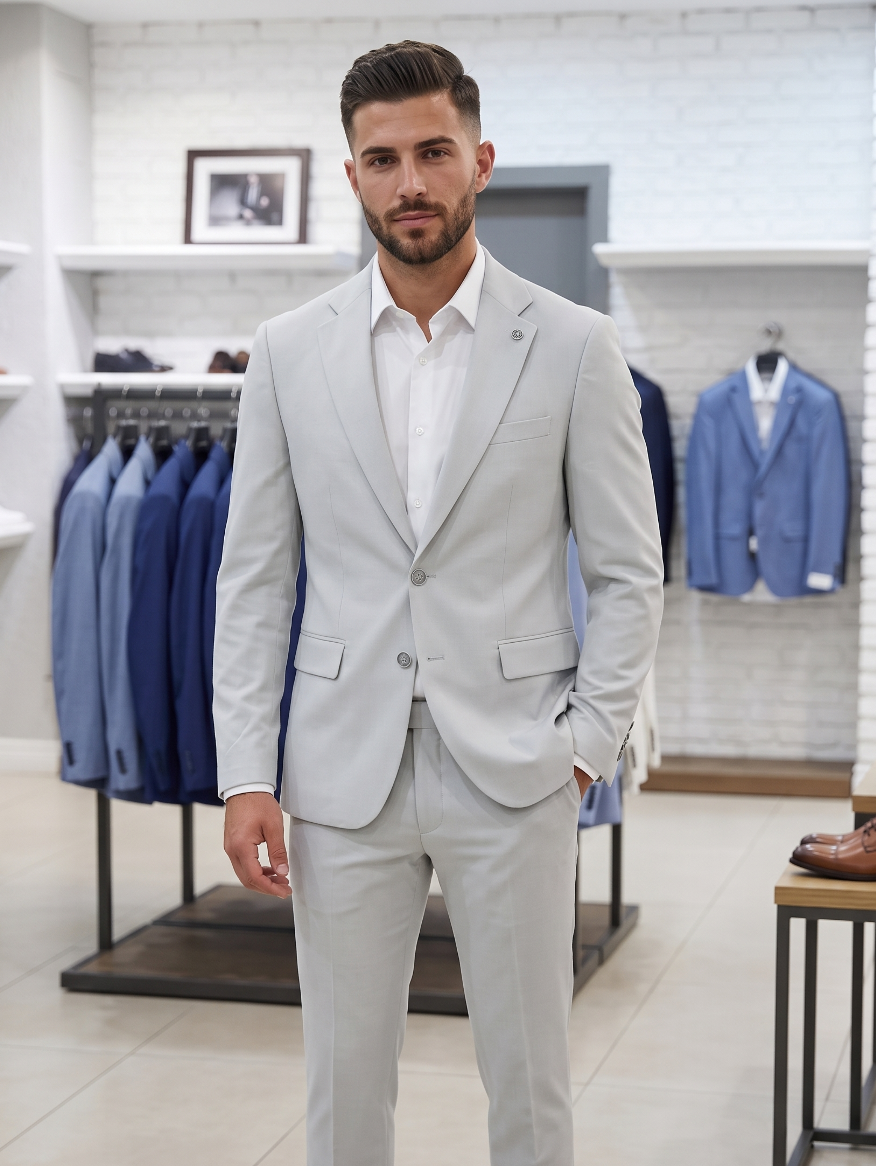 Light Grey Slim Fit Suit With Flap Pockets
