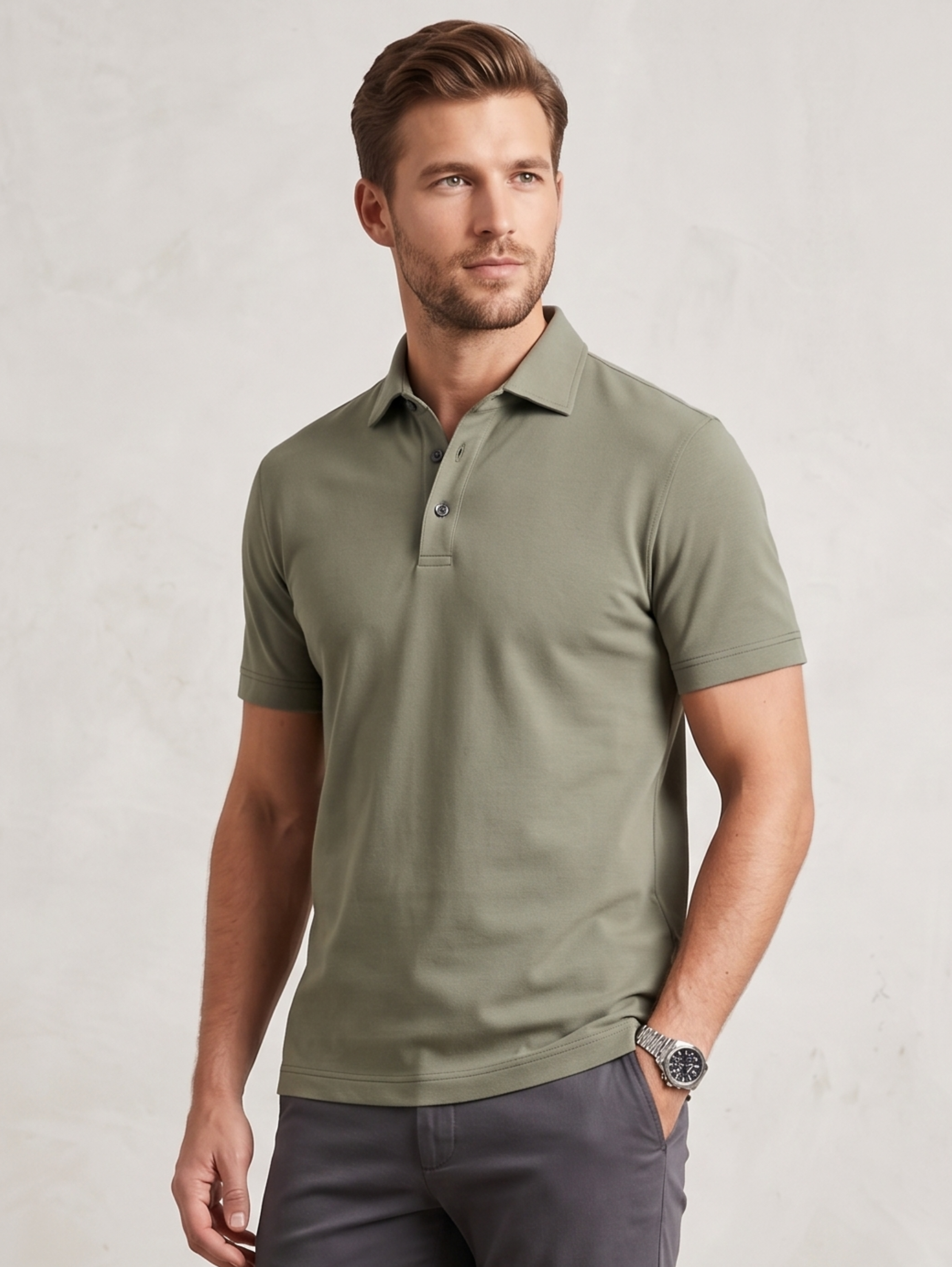 Khaki Short Sleeved Polo Shirt With Classic Spread Collar