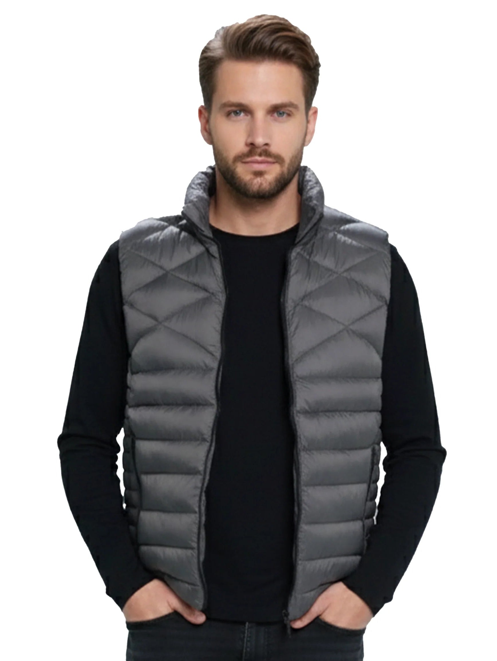 Dark Grey Quilted Puffer Vest With Zipper To Close
