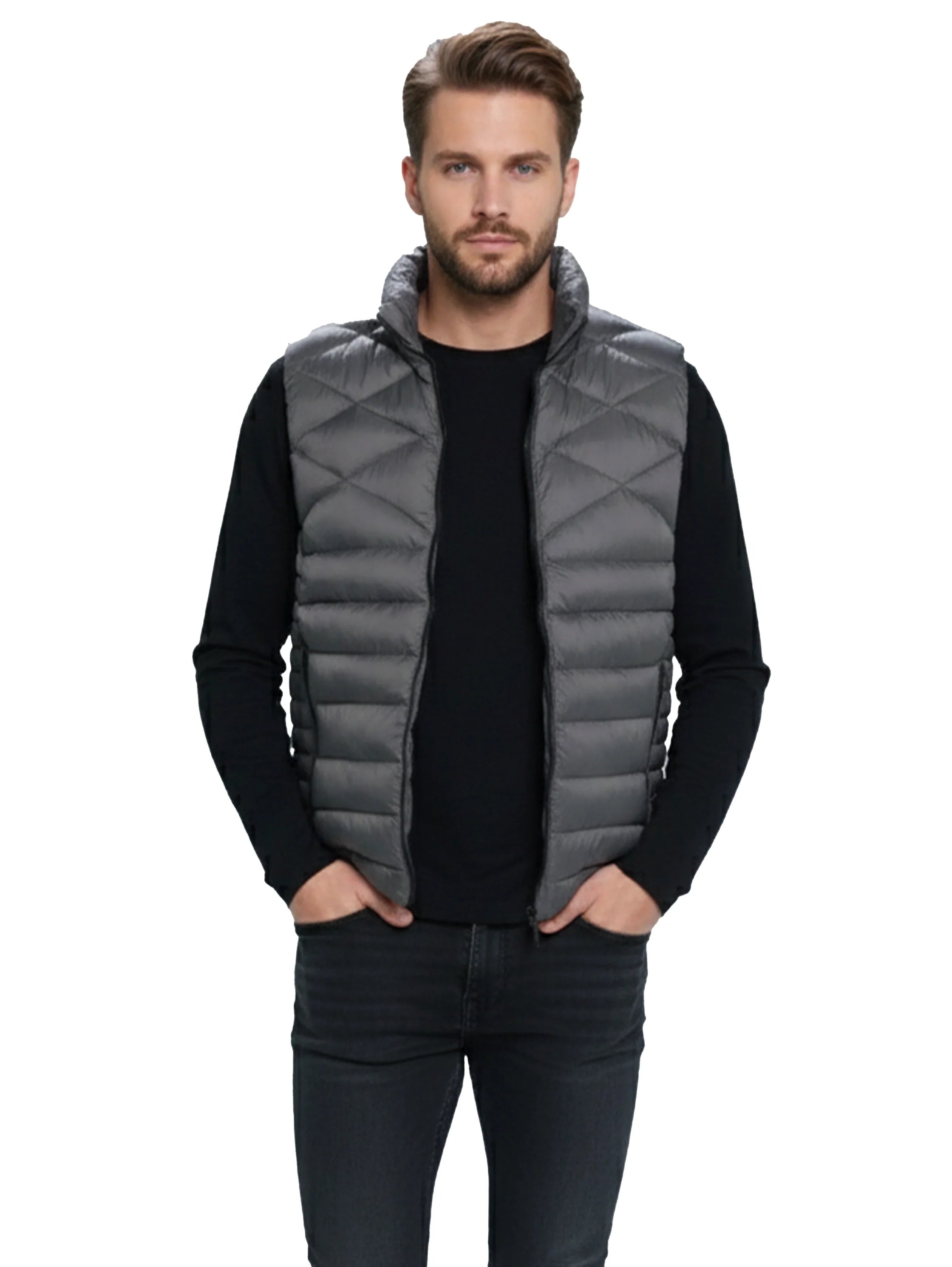 Dark Grey Quilted Puffer Vest With Zipper To Close