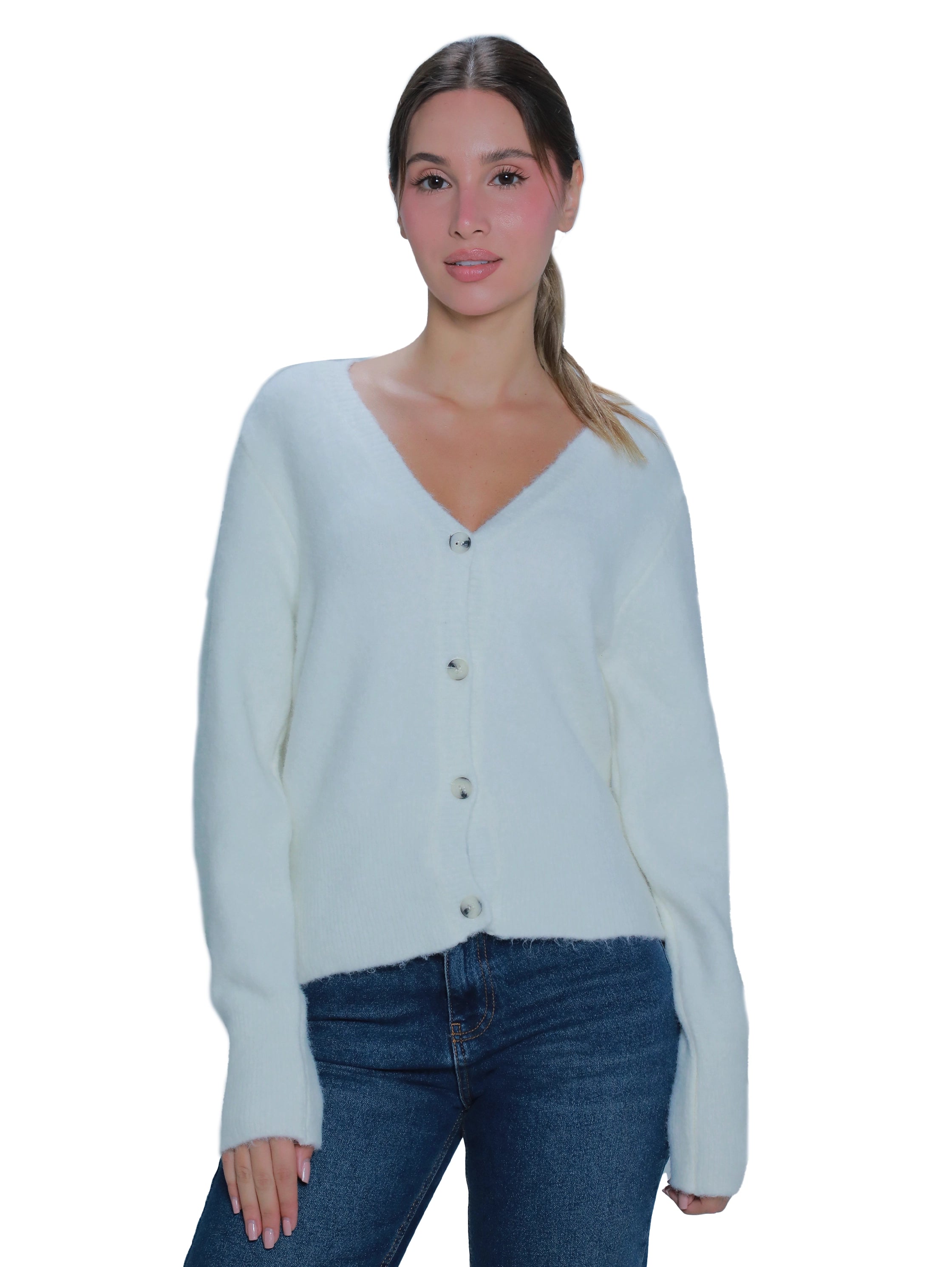 V-Neck White Long Sleeved Pullover