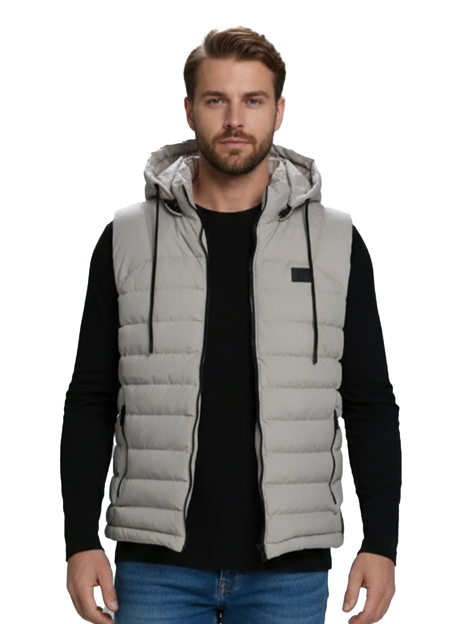 Beige Zippered Padded Vest With Hoodie