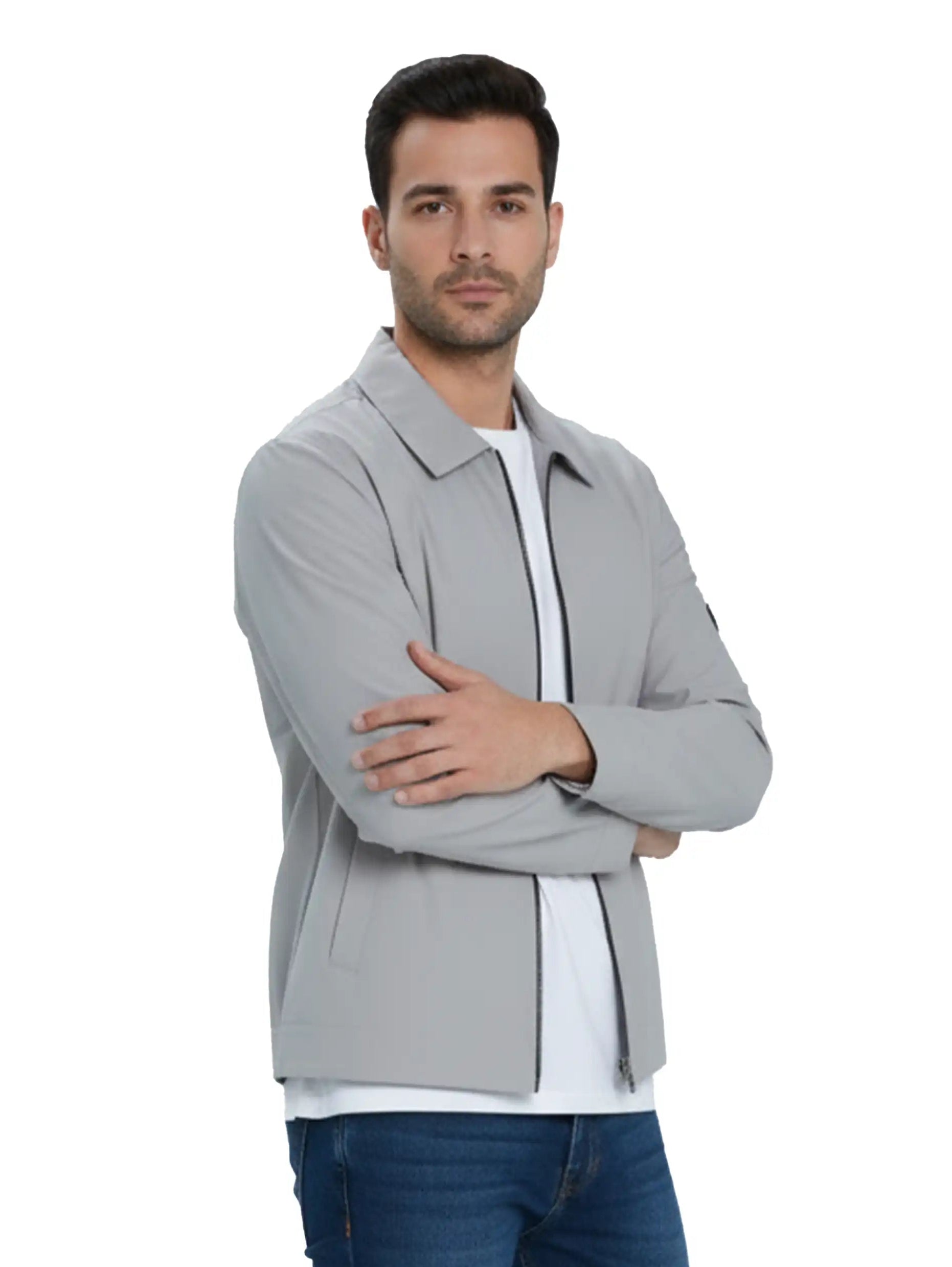 Grey Casual Zippered Jacket With Collar