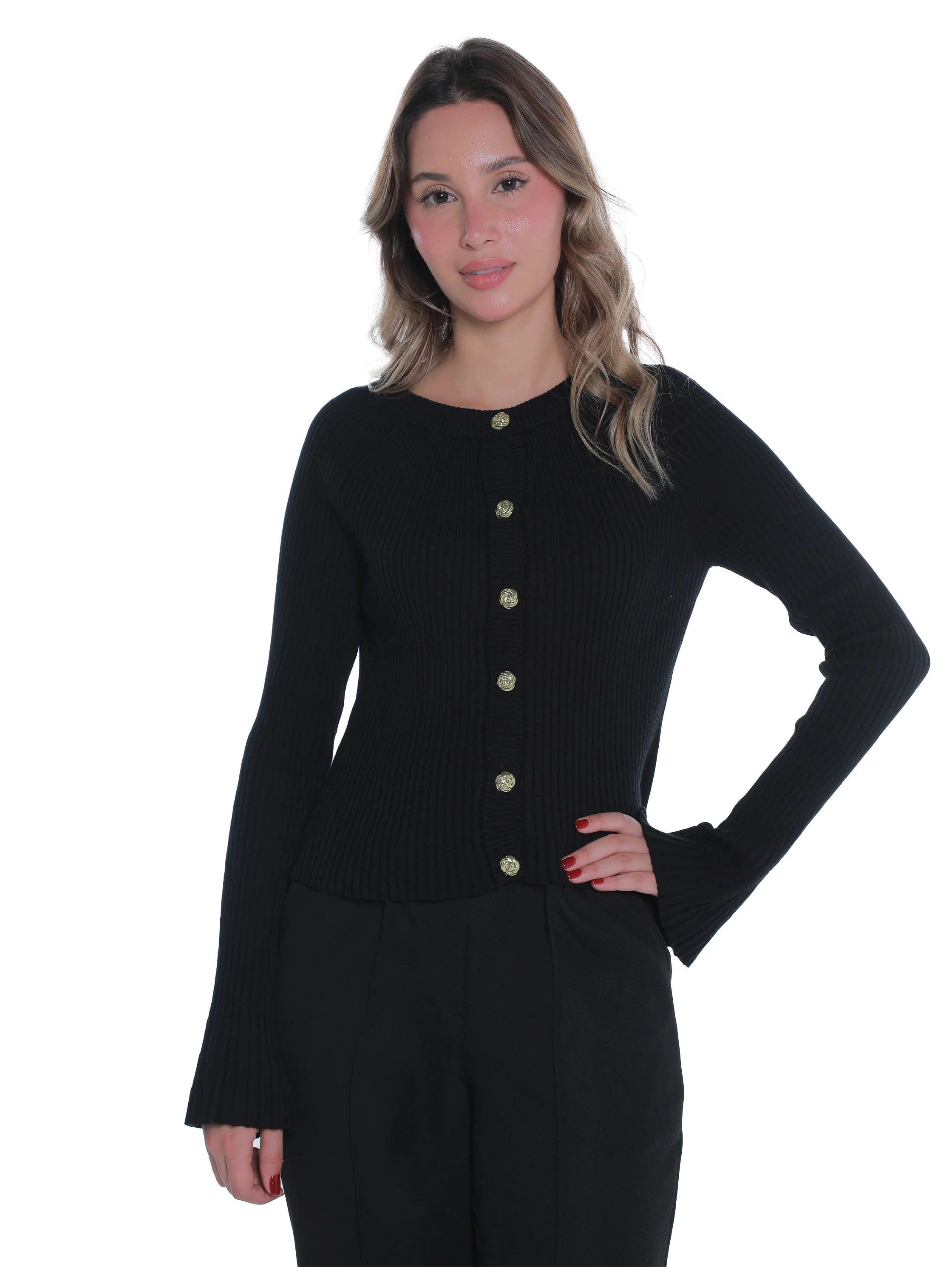 Ribbed Black Pullover With Button To Close
