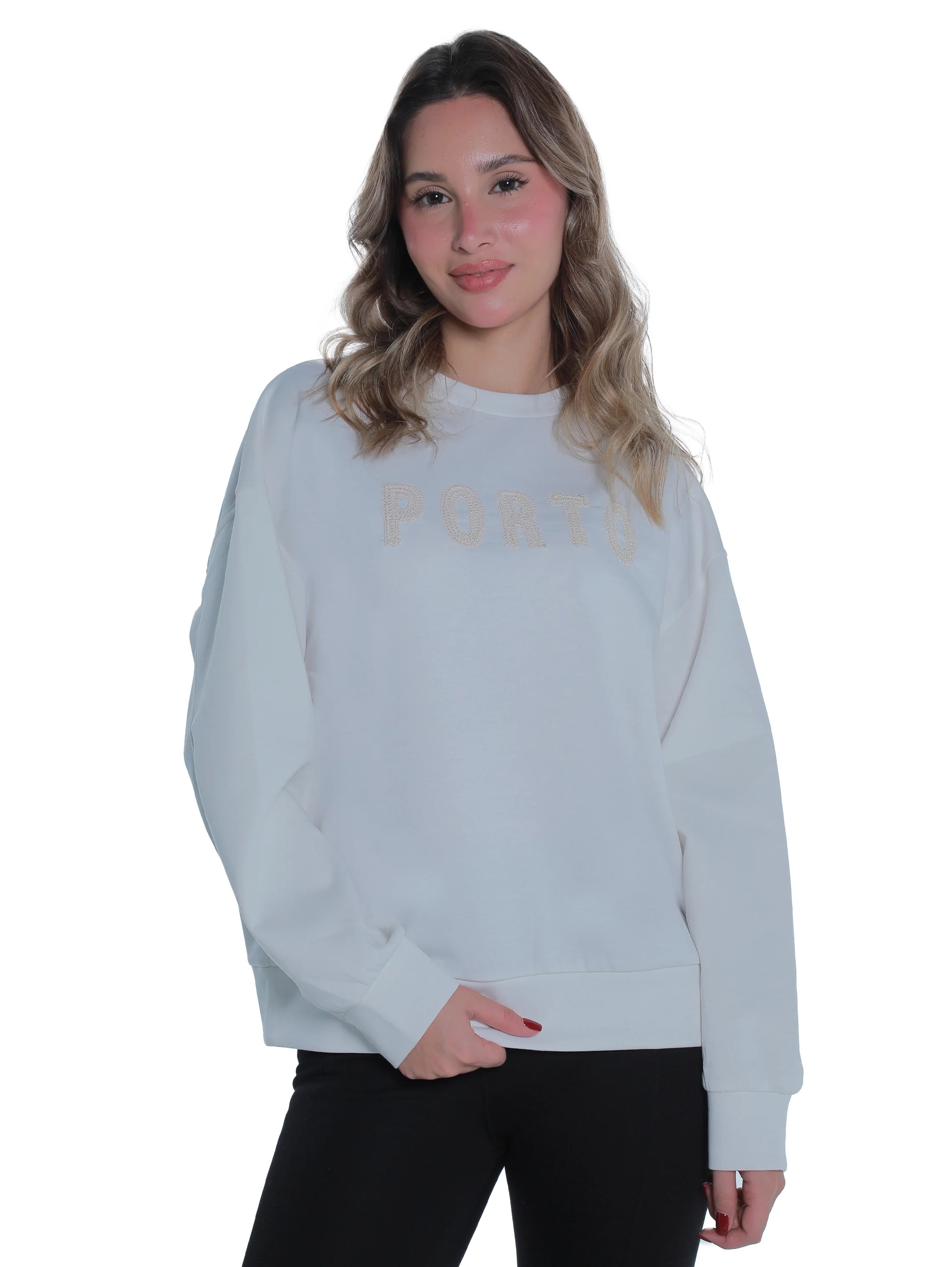 Round Neck White Sweater With "Porto" Front Design