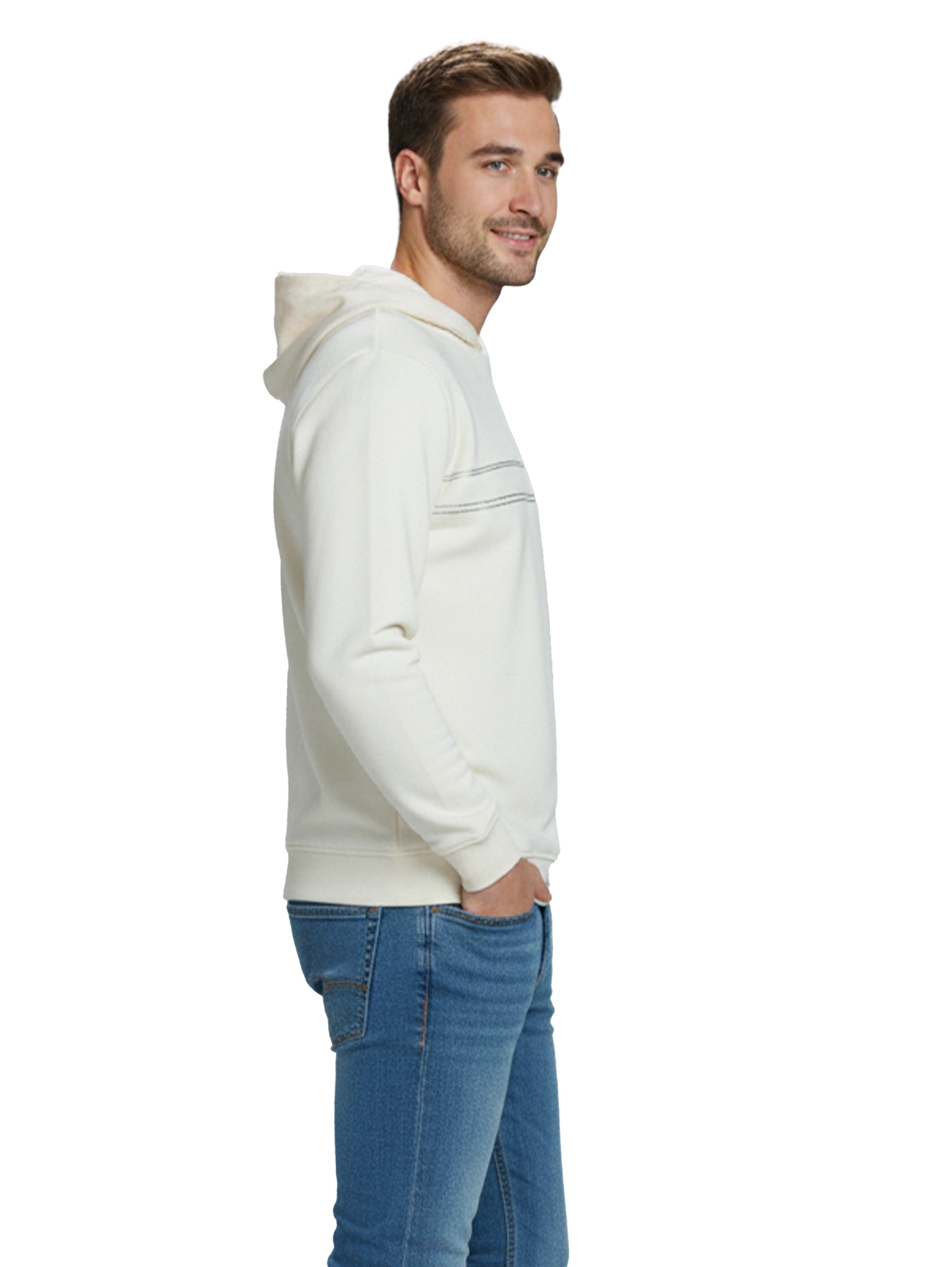 Cotton Offwhite Hoodie With Front Stripe Design