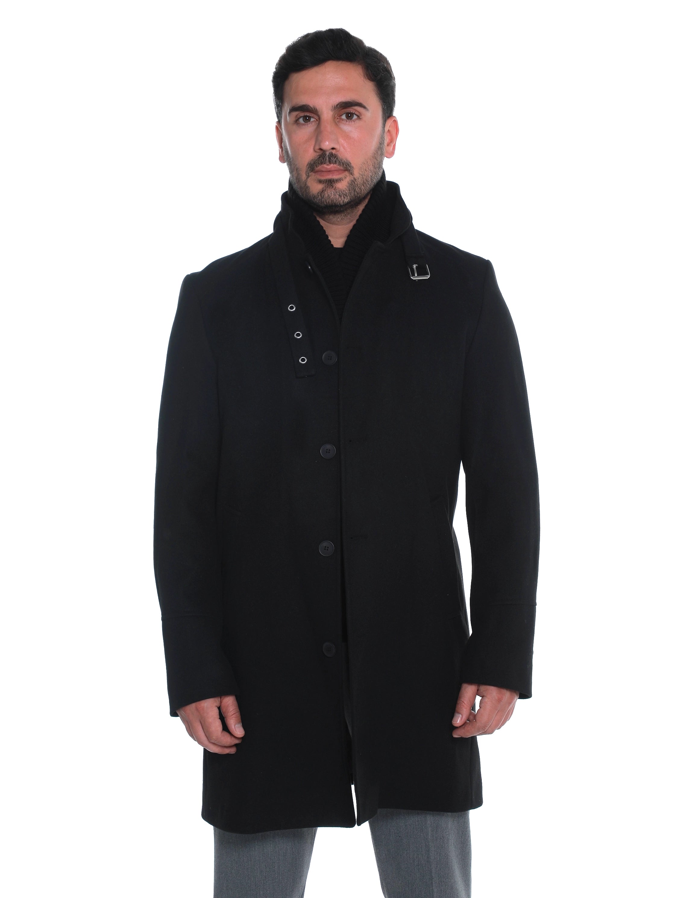 Black Buttoned Coat With Stand Up Collar