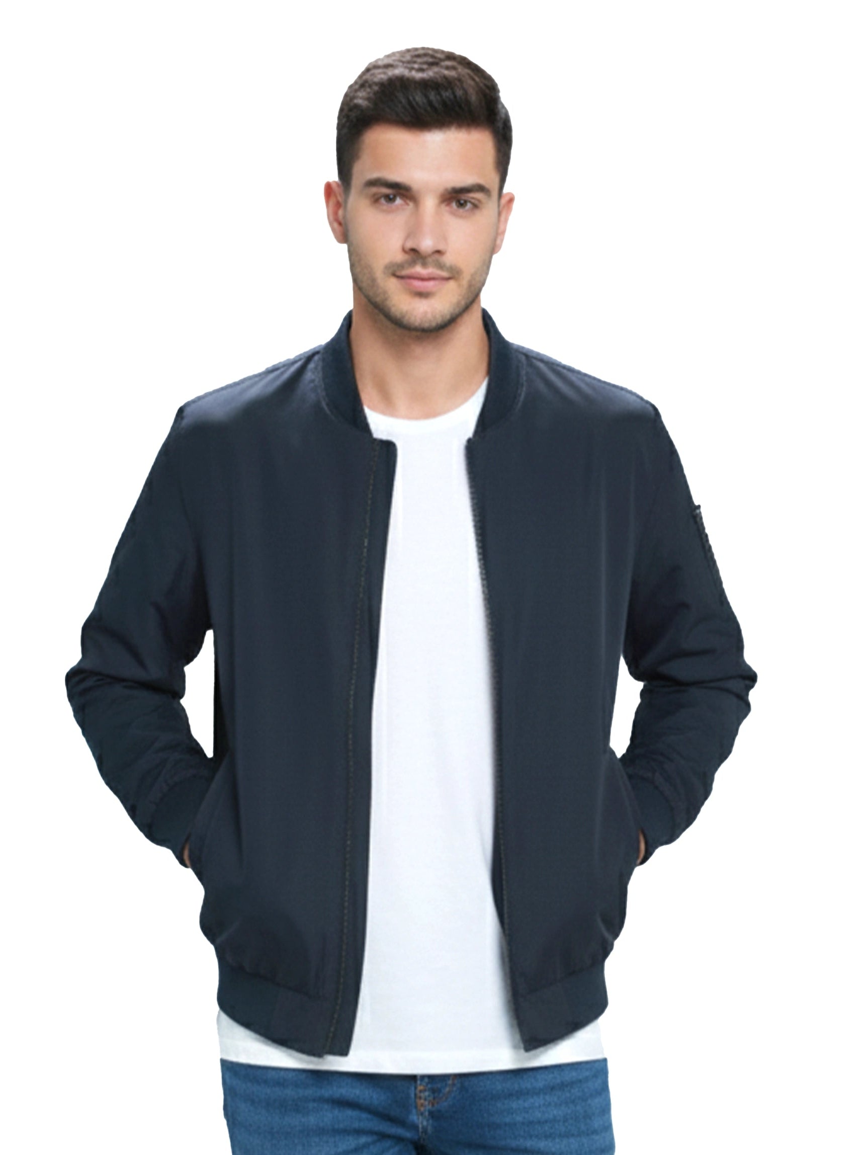 Navy Bamber Jacket With Zipper To Close
