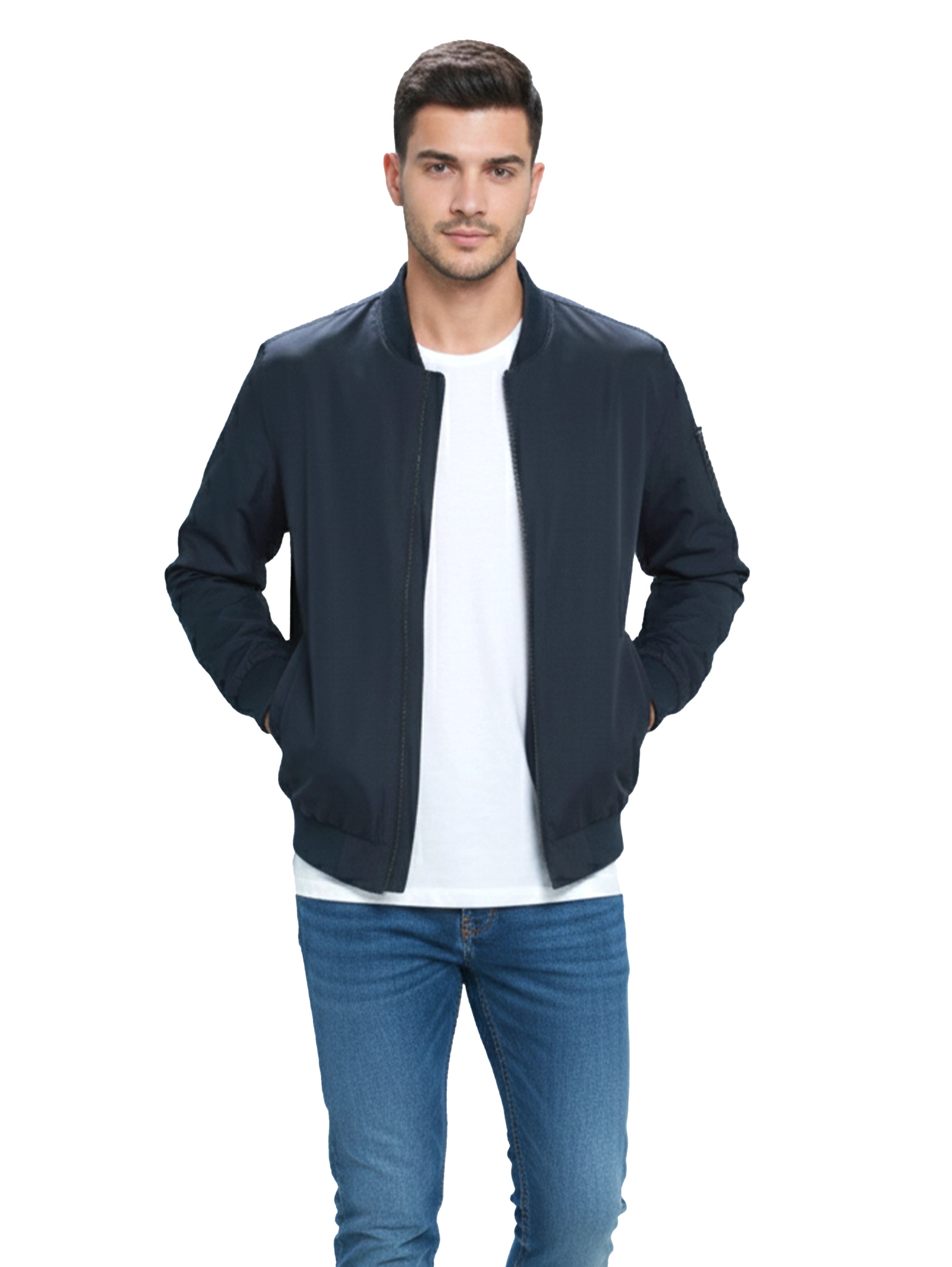 Navy Bamber Jacket With Zipper To Close