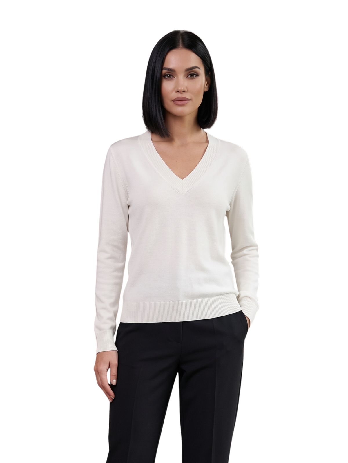Off White Long Sleeved Pullover with V-Neck Line