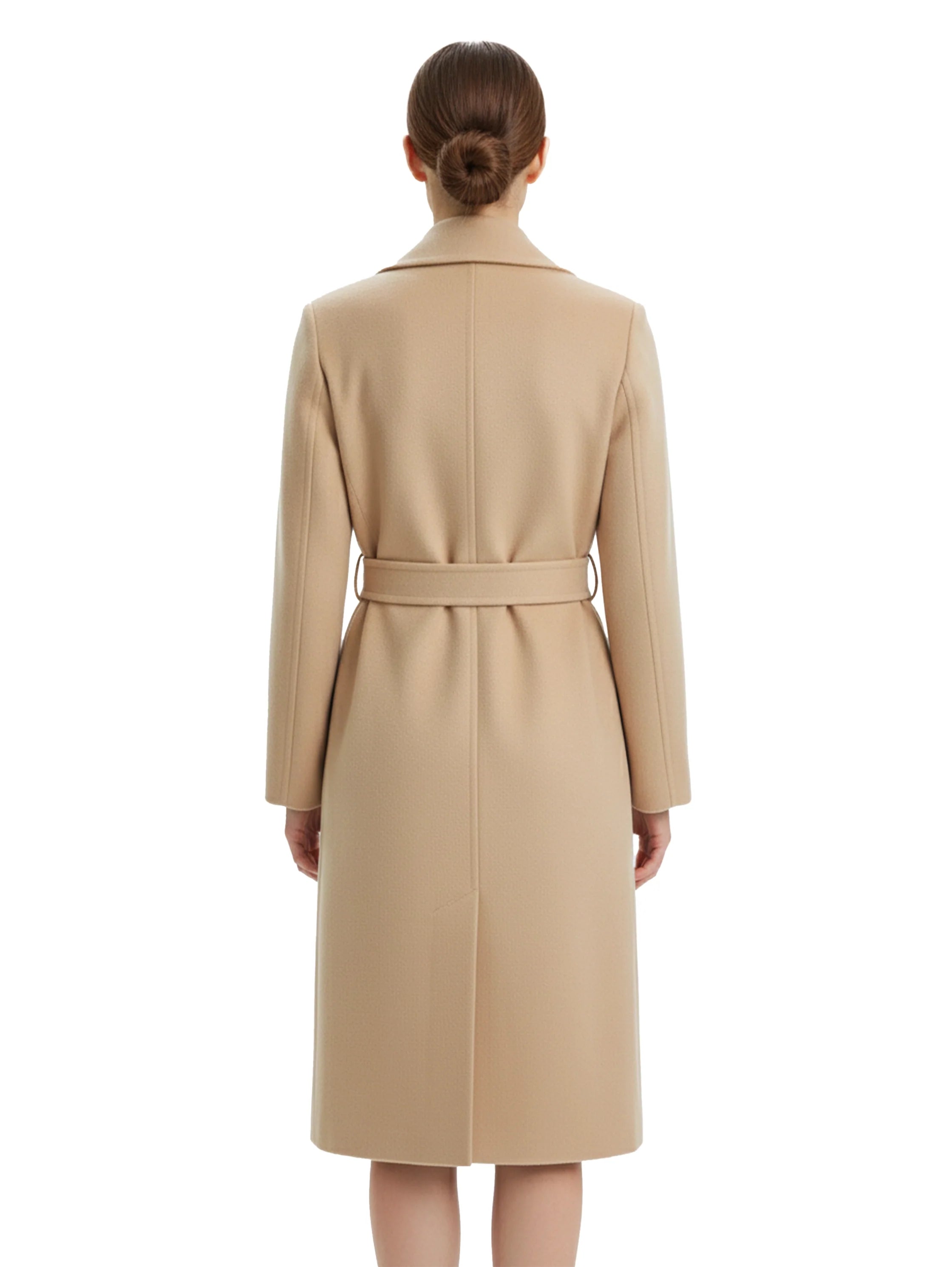 Beige Belted Long Coat With Lapel Collar