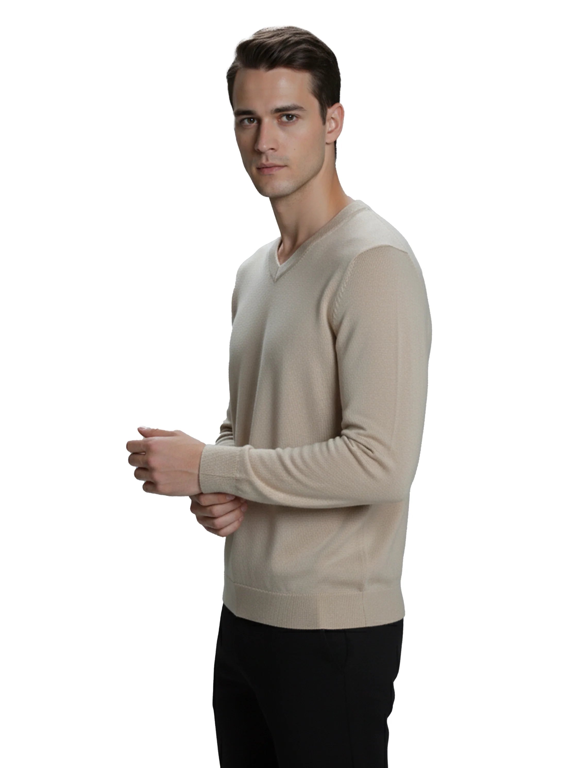 Beige V-Neck Long Sleeved Knitwear Pullover